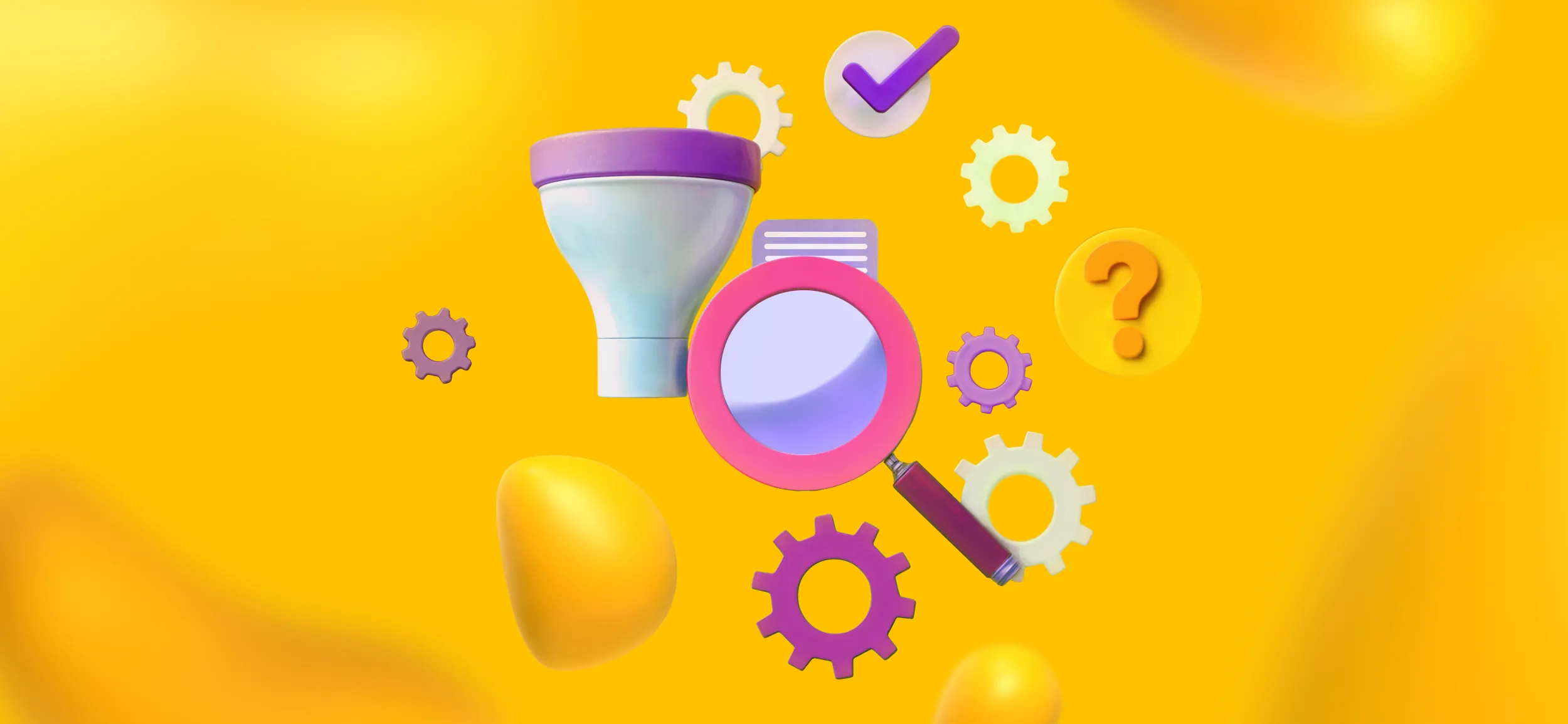 Elements of web conversions and UI/UX design, including a magnifying glass, a funnel, ears, and a question mark.