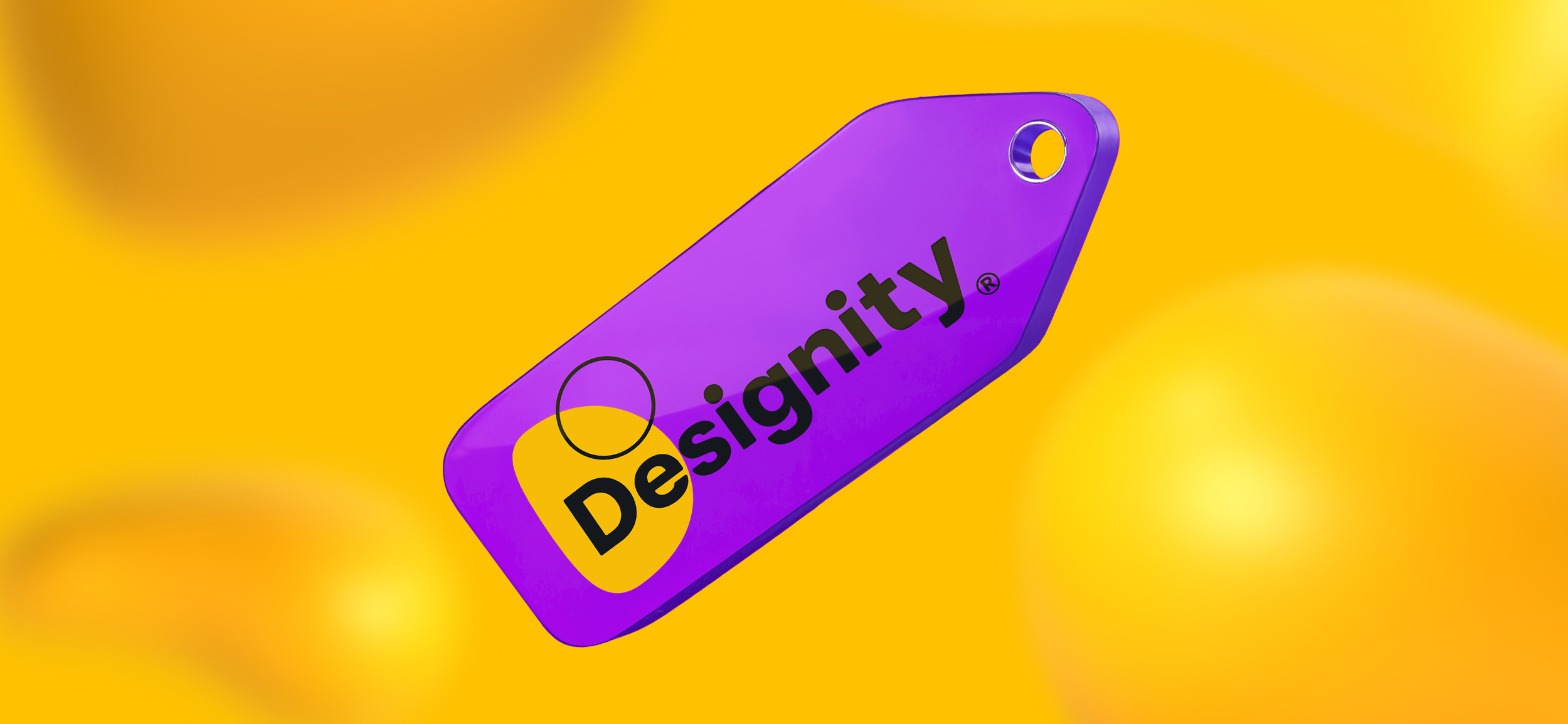 The Designity logo on a purple hang tag. Designity's white label services help you scale your business.
