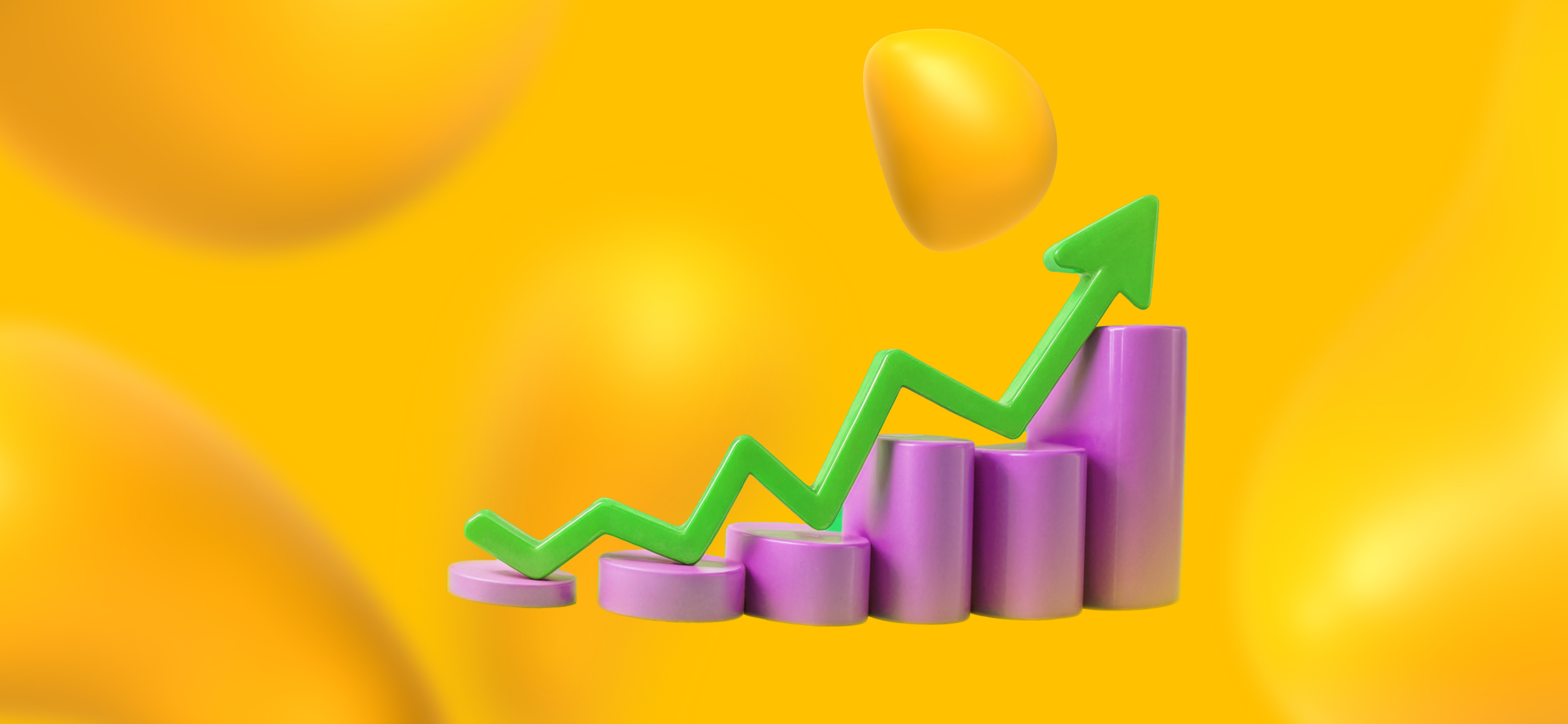 Cylinders arranged like a bar graph with a green arrow trending upward. Keeping track of analytics is the 5th step of the pro copywriting process.