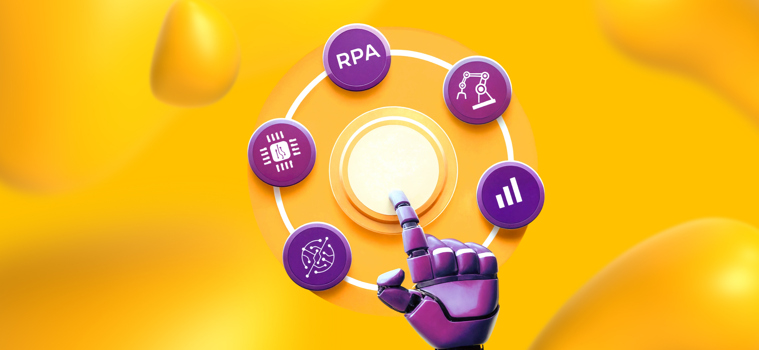 A robot hand clicking a button. Around it are five icons, each with elements of tech and AI on them.