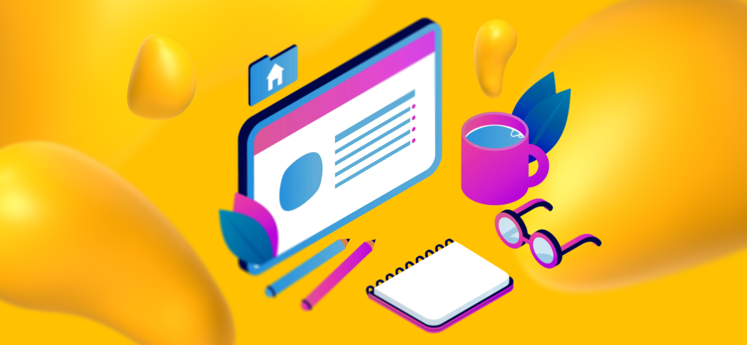 Elements of copywriting, including a coffee cup, pencils, notepad, and a computer monitor.