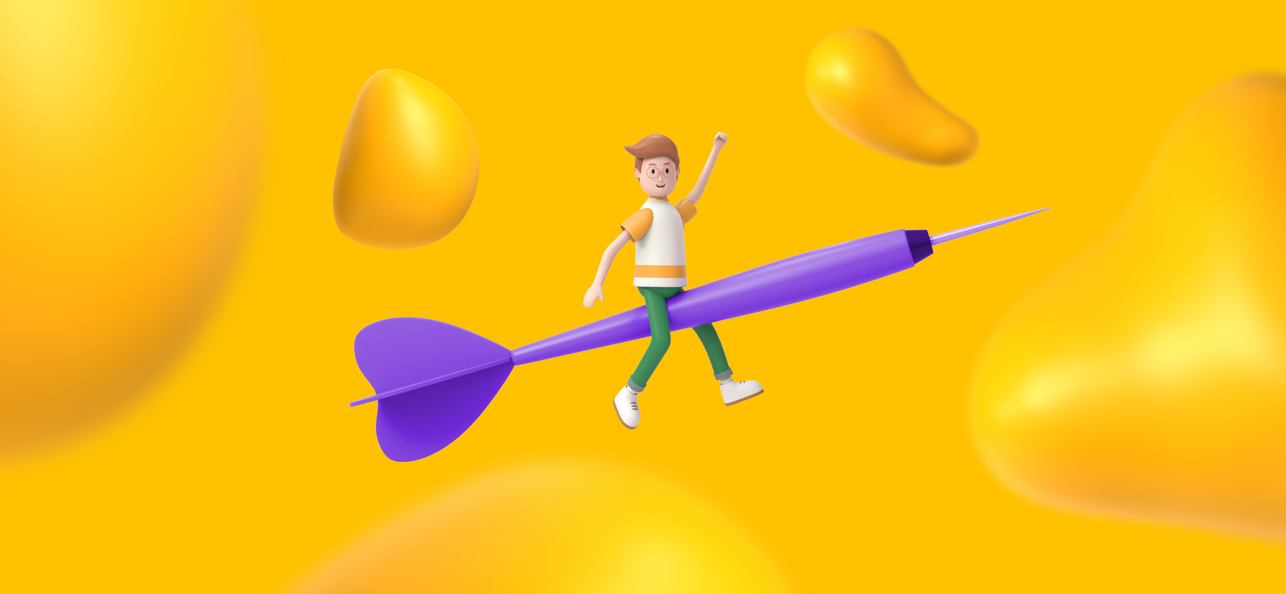 A 3D cartoon man sitting on top of a giant purple dart, for targeting strategies for marketing.