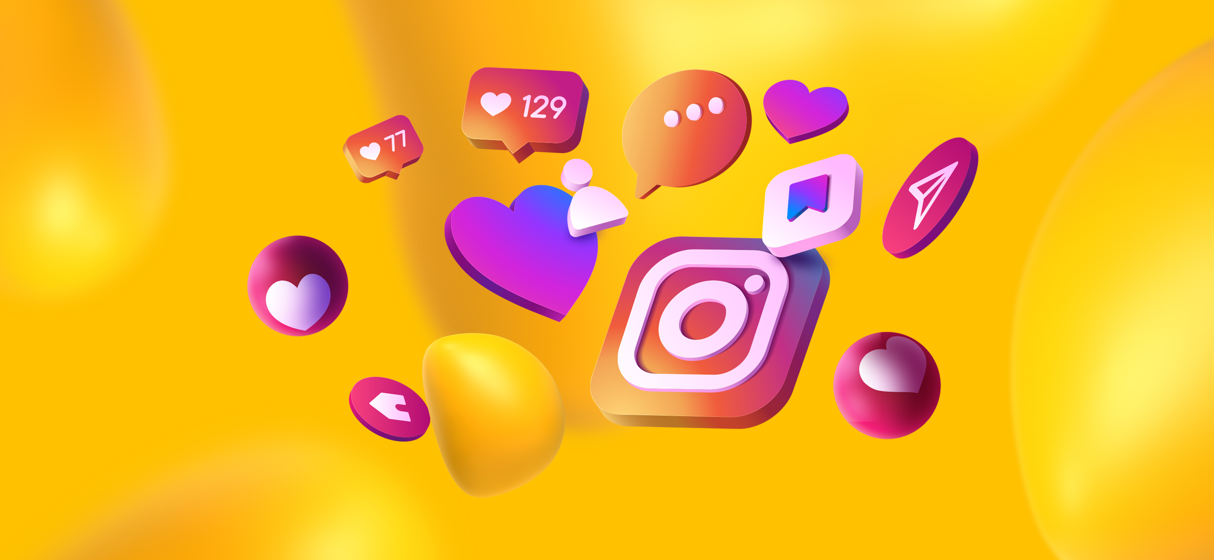 A variety of different social media elements, like the Instagram logo and hearts, likes, and comment icons.