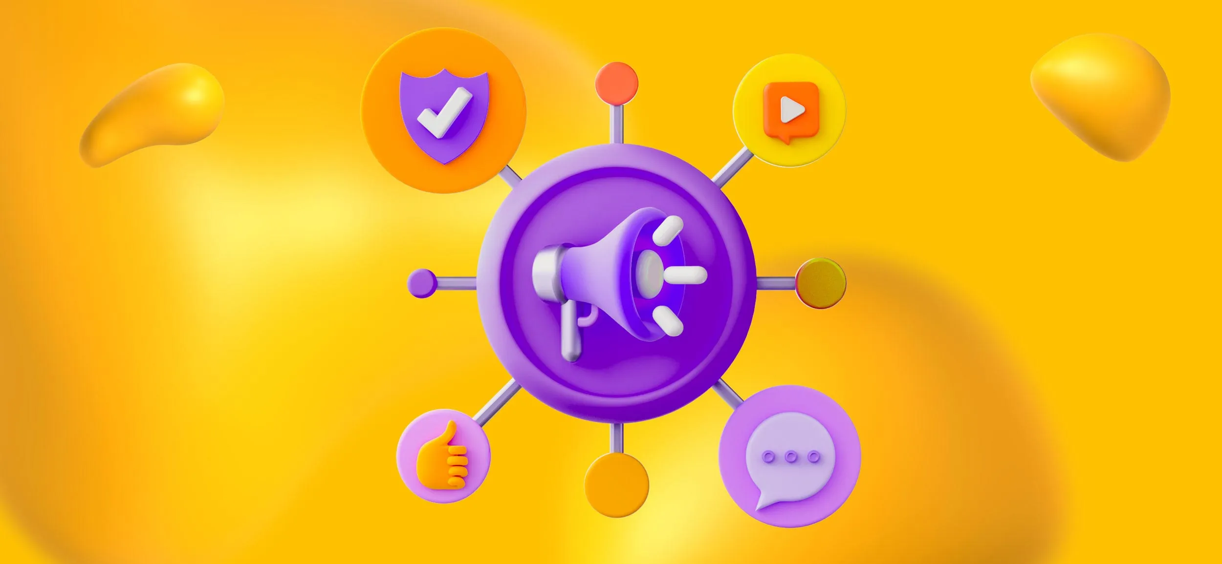 Symbols of marketing channels, like megaphone, social media like, video, and trust badge.