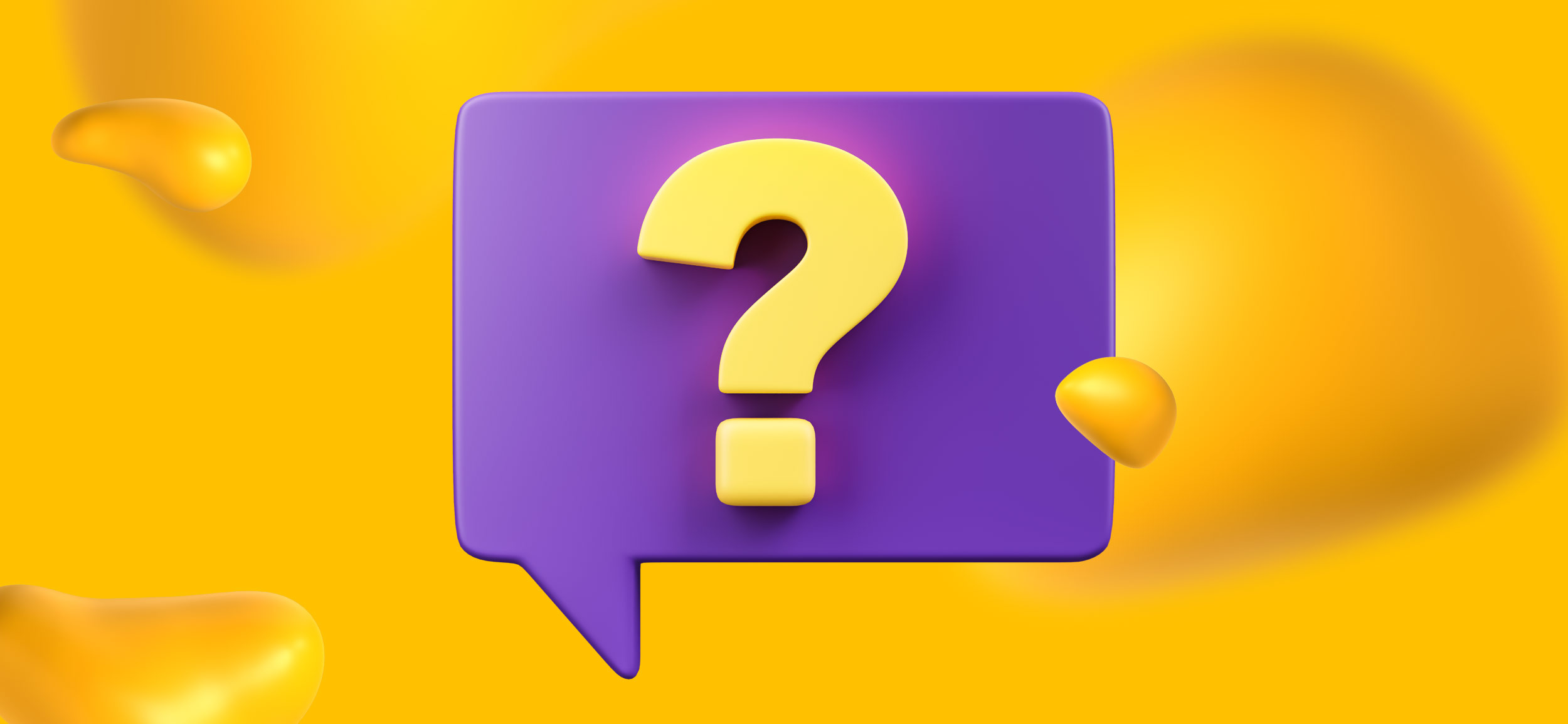 A big yellow question mark in a purple caption.