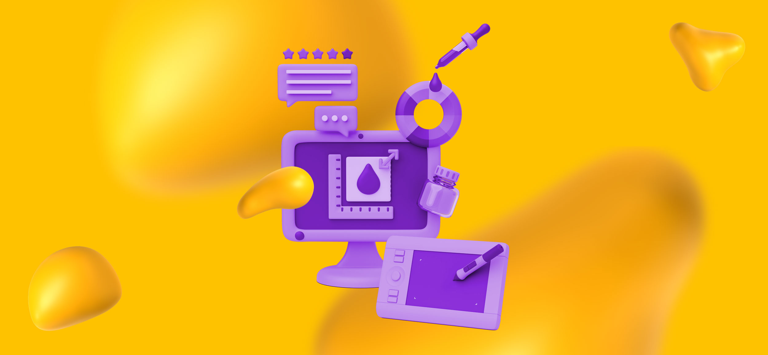 Web design elements like a tablet, computer screen, and color wheel.