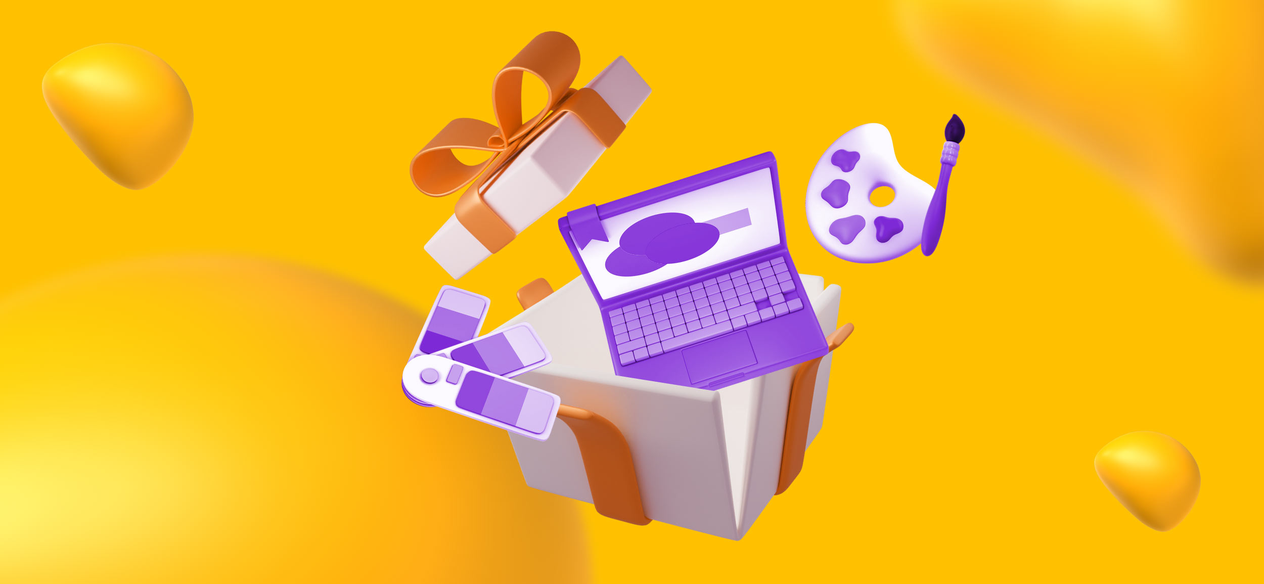 A gift box full of graphic design tools like color swatches, a laptop, and a painter's palette.