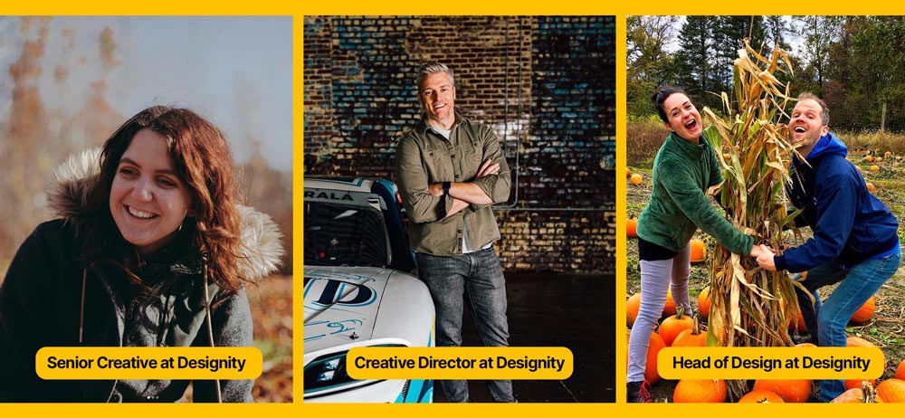 Three profile pictures of the creatives, creative directors, and head of design at Designity Art.