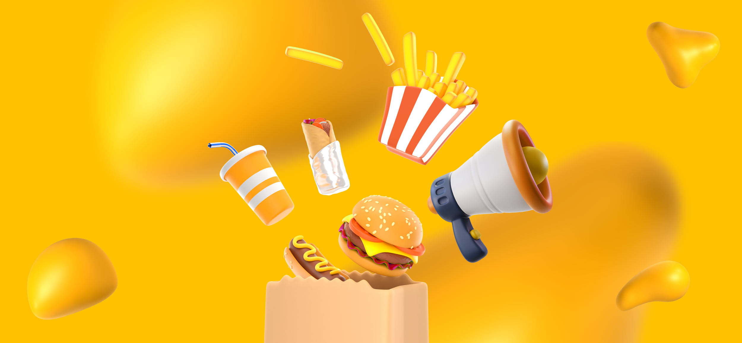 Restaurant items like burger, hotdog, fries, and drink coming out of a paper bag with a megaphone.