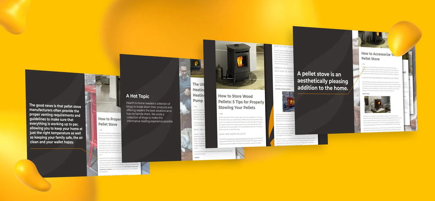 Content writing mockups for pellet stove company, Hearth & Home