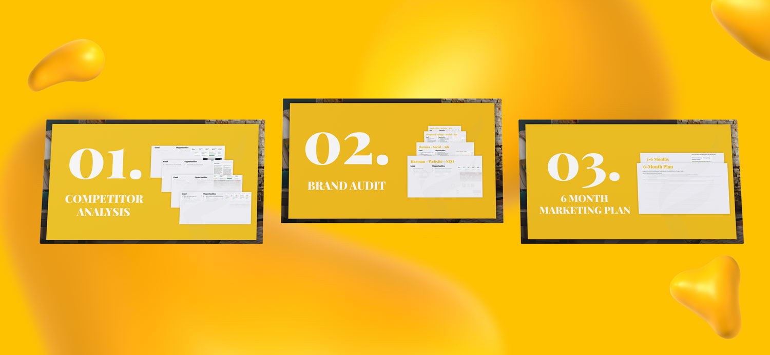 Three slides from a marketing audit & strategy presentation for Hearth & Home