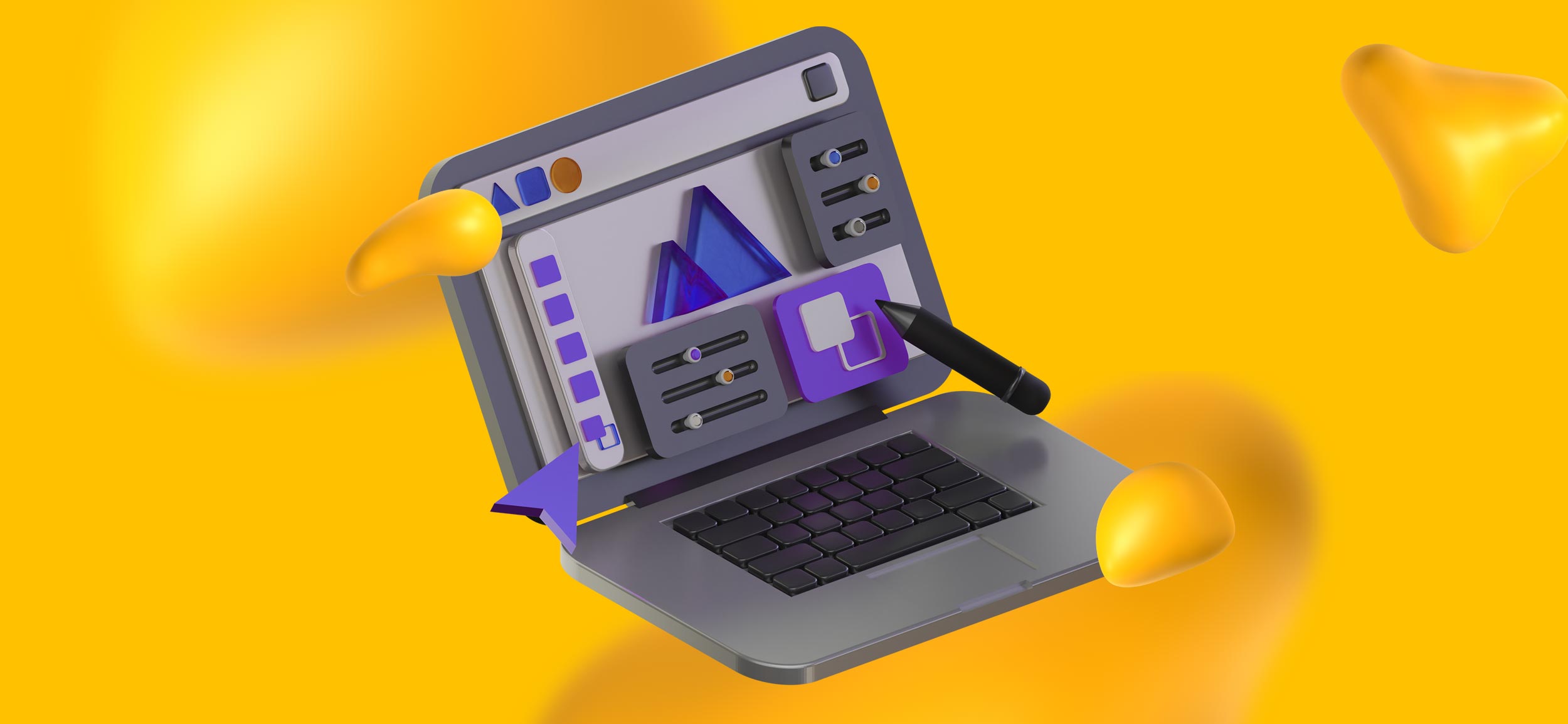 Graphic design tools, including a laptop, design software, and a stylus.