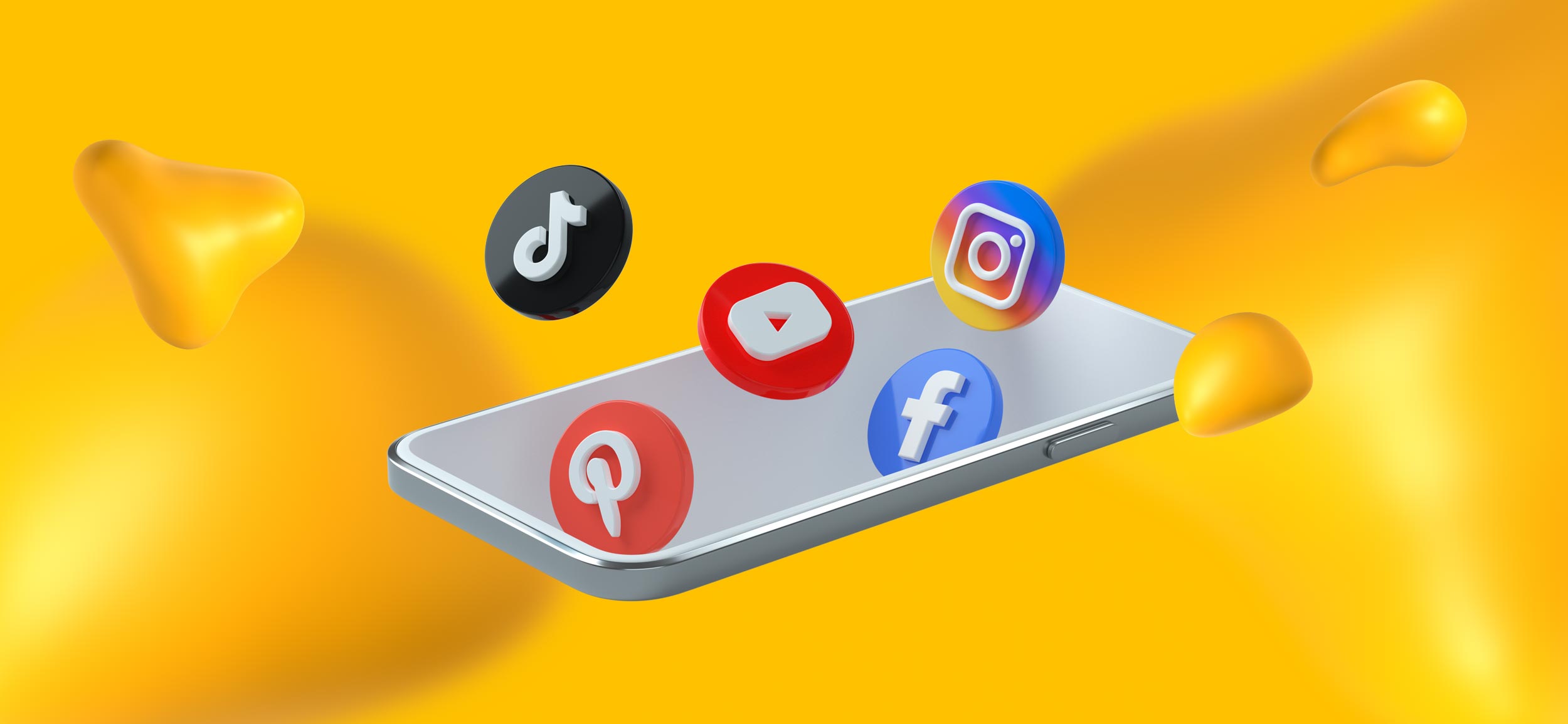 Social media icons for Facebook, Pinterest, TikTok, YouTube, and Instagram, all sitting on top of a smartphone.