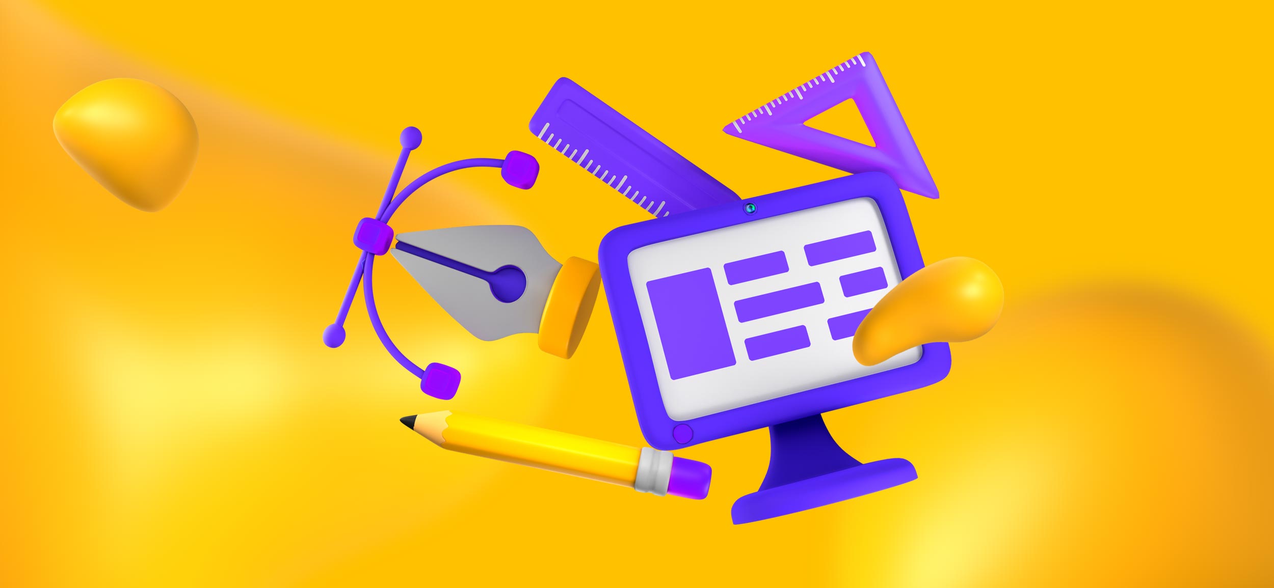 T-shirt graphic design tools, like pencil, ruler, pen, and computer screen.