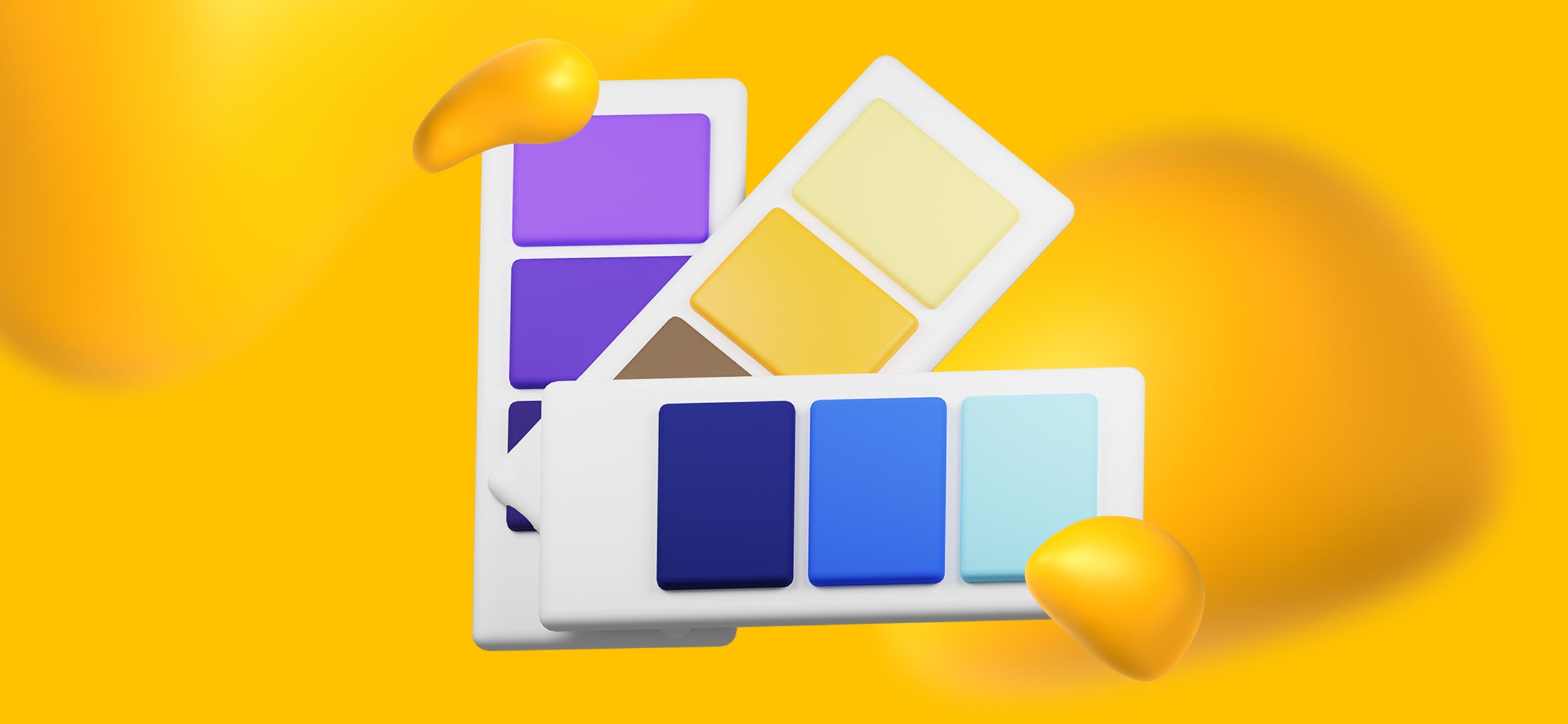 A collection of color swatch cards full of shades of purple, yellow, and blue.