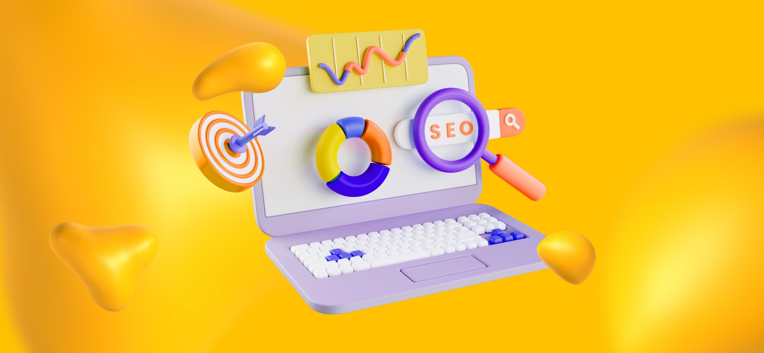 An open laptop with a magnifying glass highlighting the word SEO in a search bar.