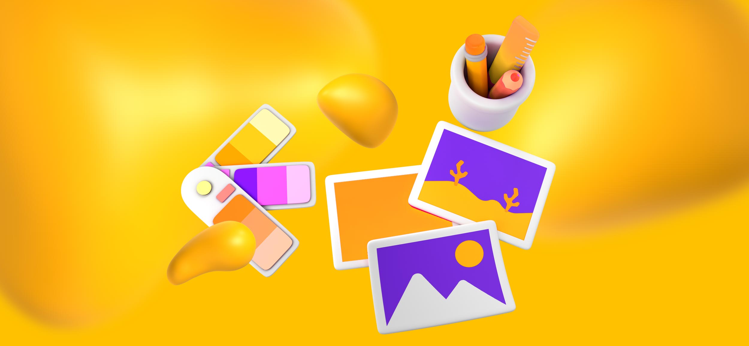 Design elements, such as palette cards, photos, and a jar of pencils.