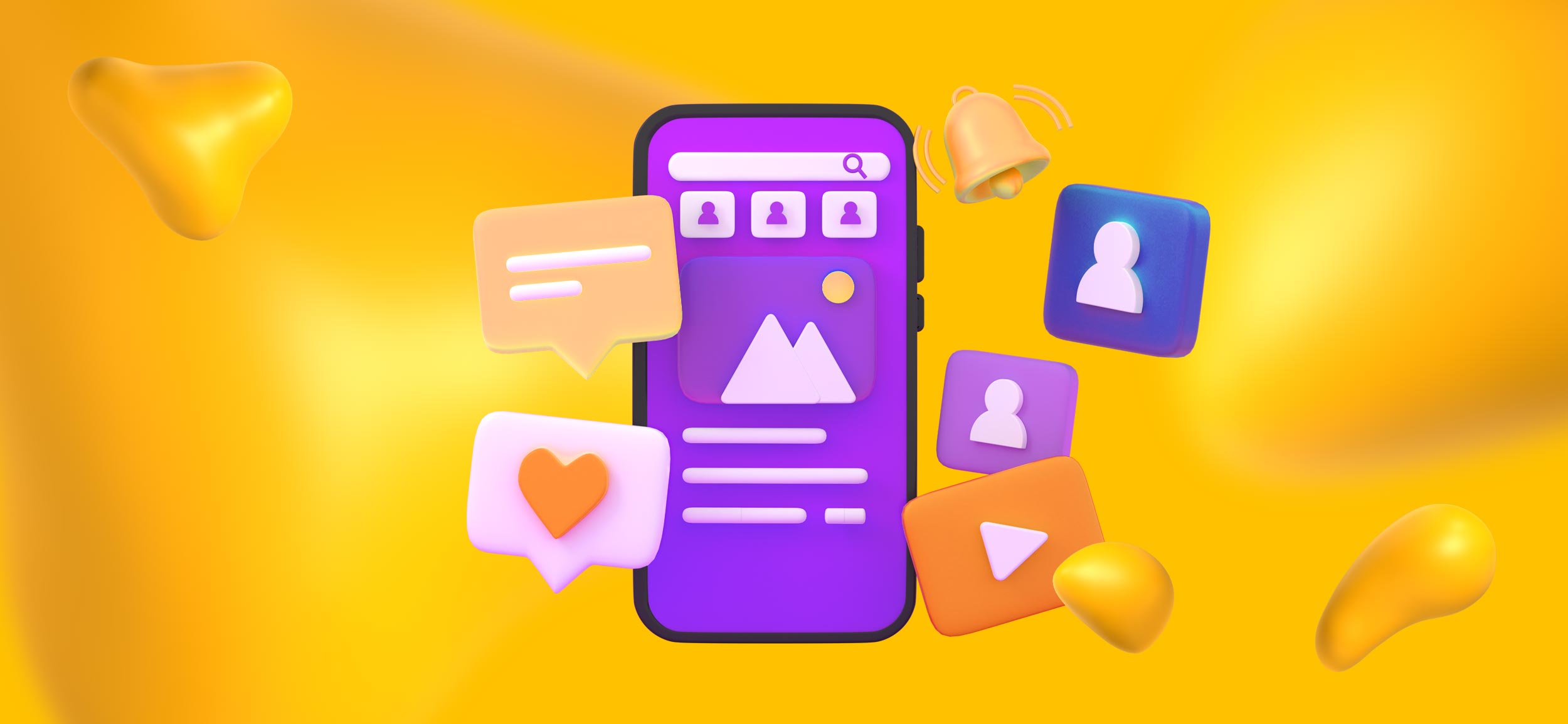 A smartphone screen open to a profile page, surrounded by social media icons like messages, hearts, and avatars.