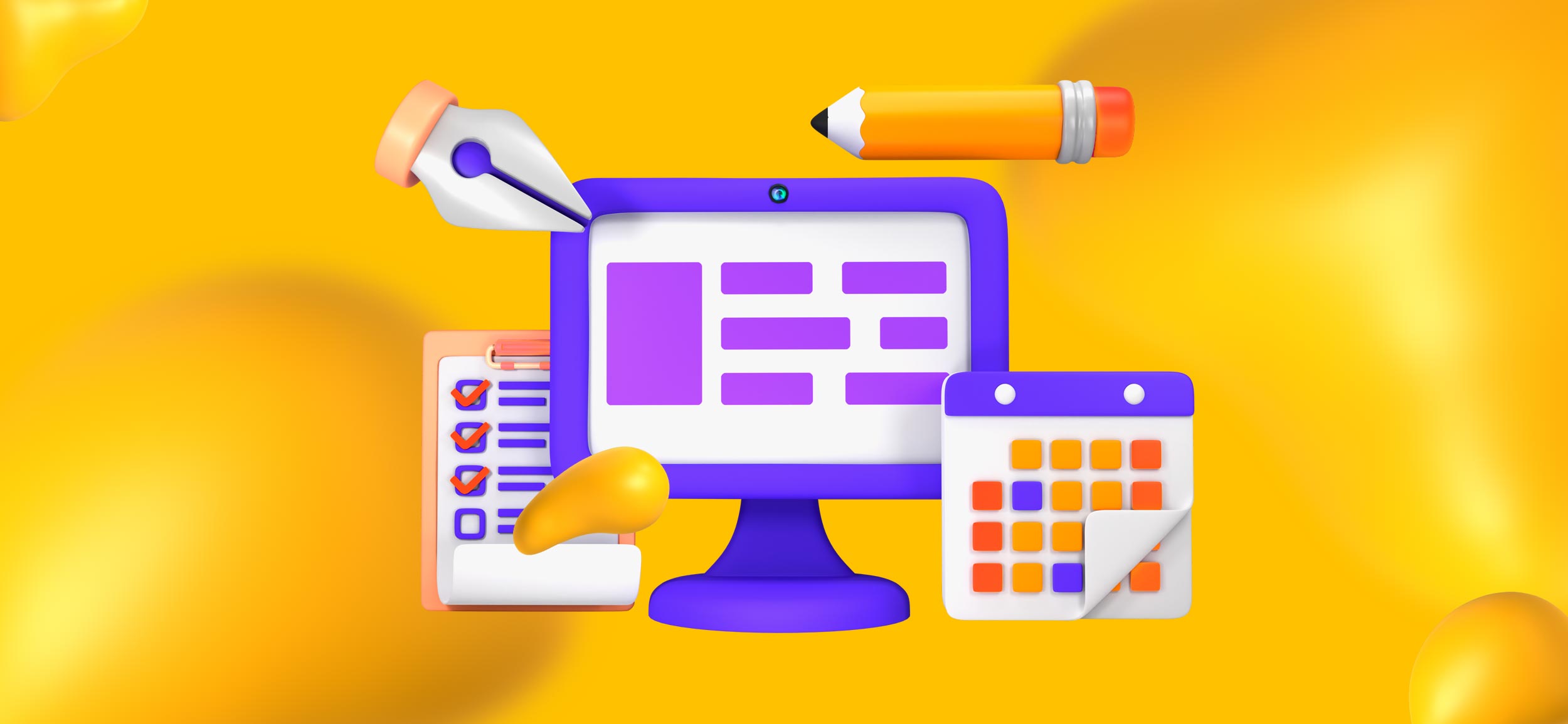 A computer screen surrounded by elements of digital content creation, like  pencils, pens, and charts.