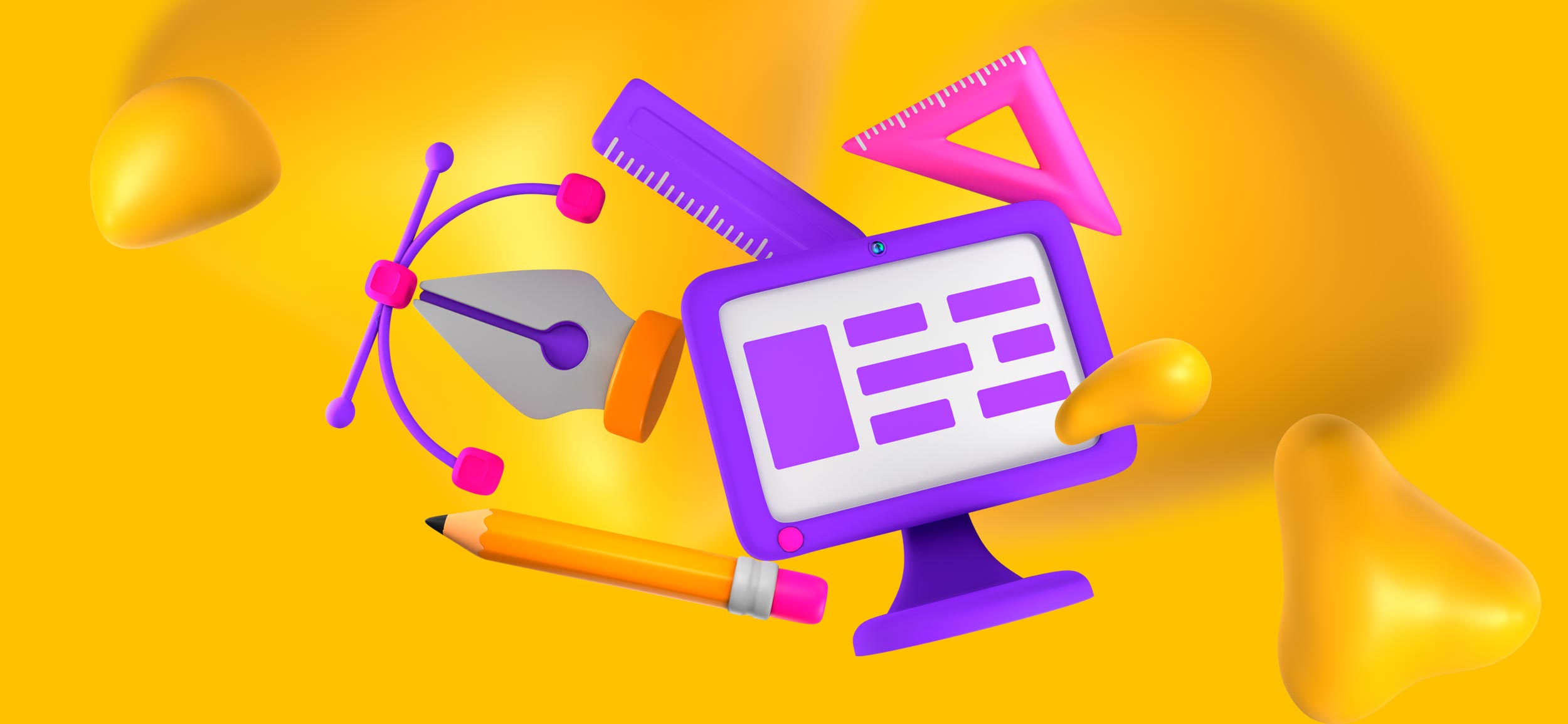 Elements of graphic design, including a pen tool, ruler, computer screen, and pencil.