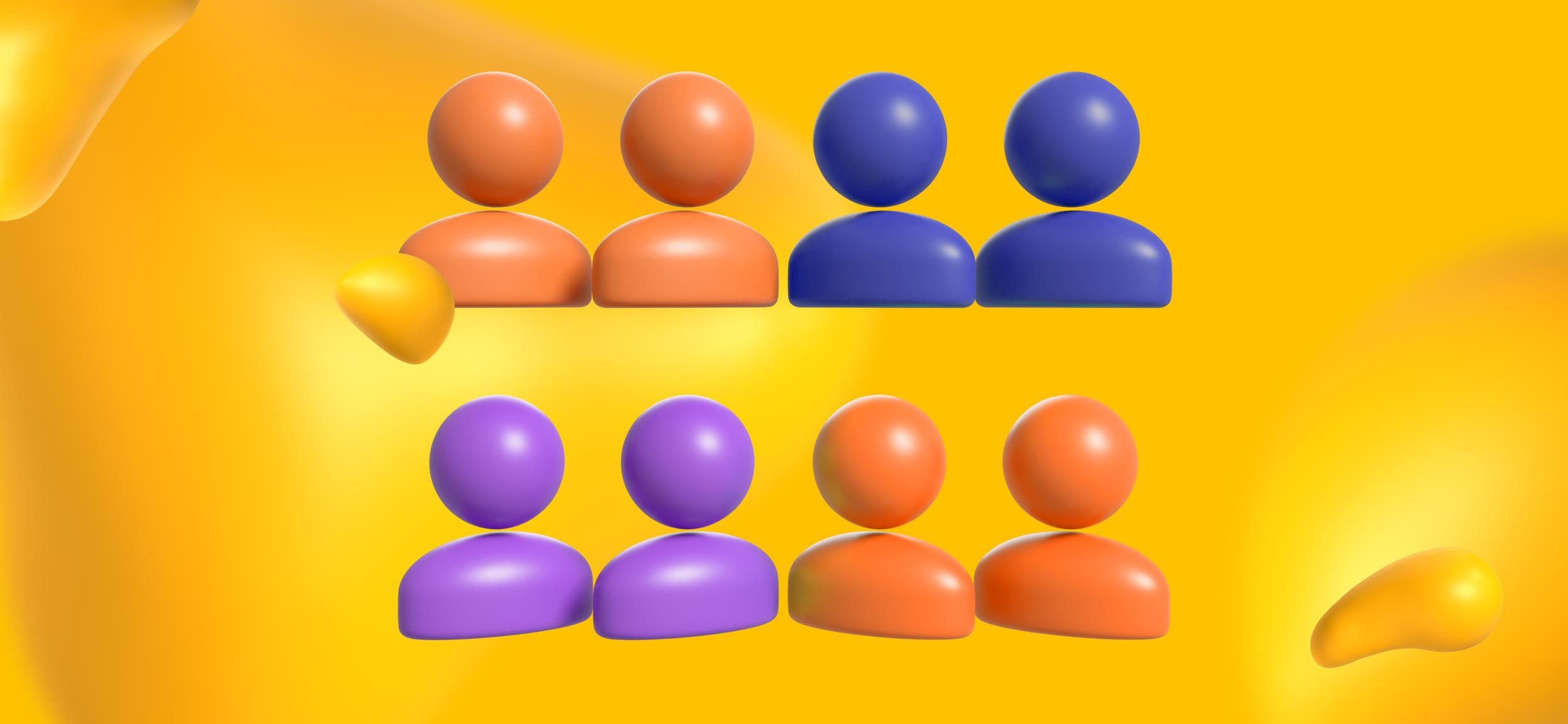 A set of orange, blue, and purple avatars, to represent a creative team.