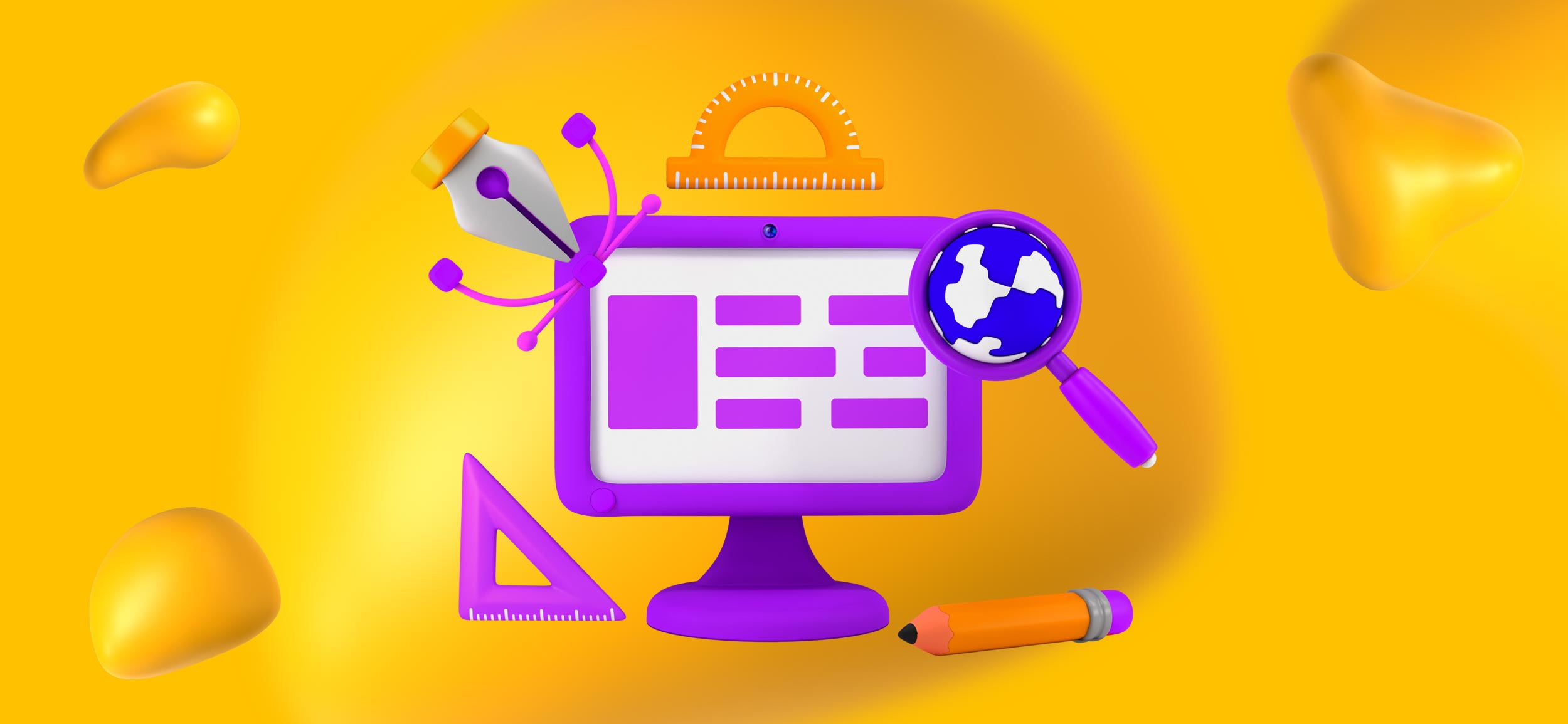 A computer monitor with elements of web design, like pel tool, pencil, and magnifying glass.