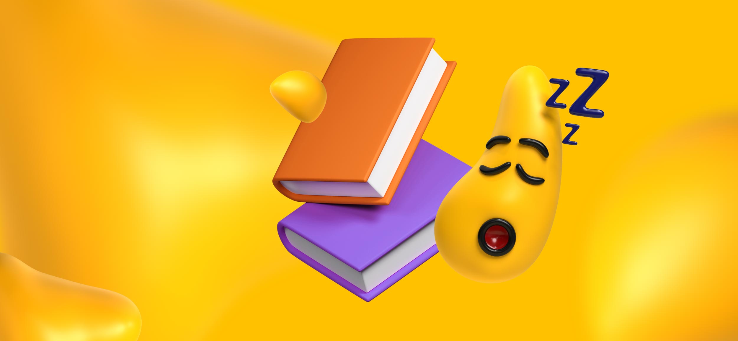 A yellow Designity blob asleep beside a stack of books. Boring cover design should be avoided!