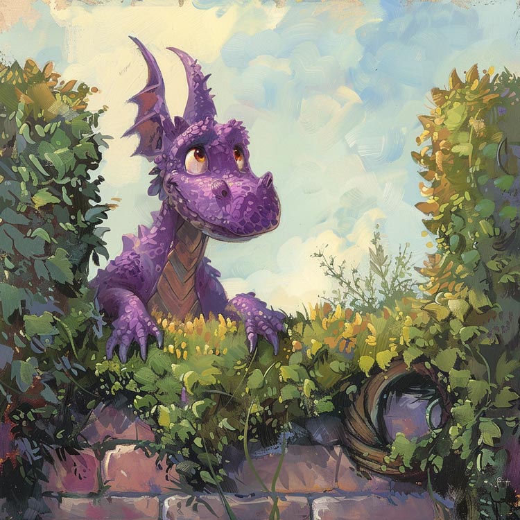 A Midjourney image created by using the prompt, "a purple dragon gazing excitedly over a hedge, peering at his family happily setting up for his surprise birthday party. He thought they’d forgotten!"