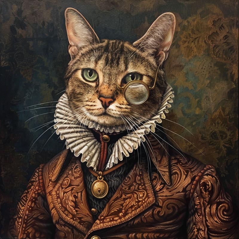 A Midjourney image created by using the prompt, "Renaissance-style portrait of a tabby cat wearing a monocle."