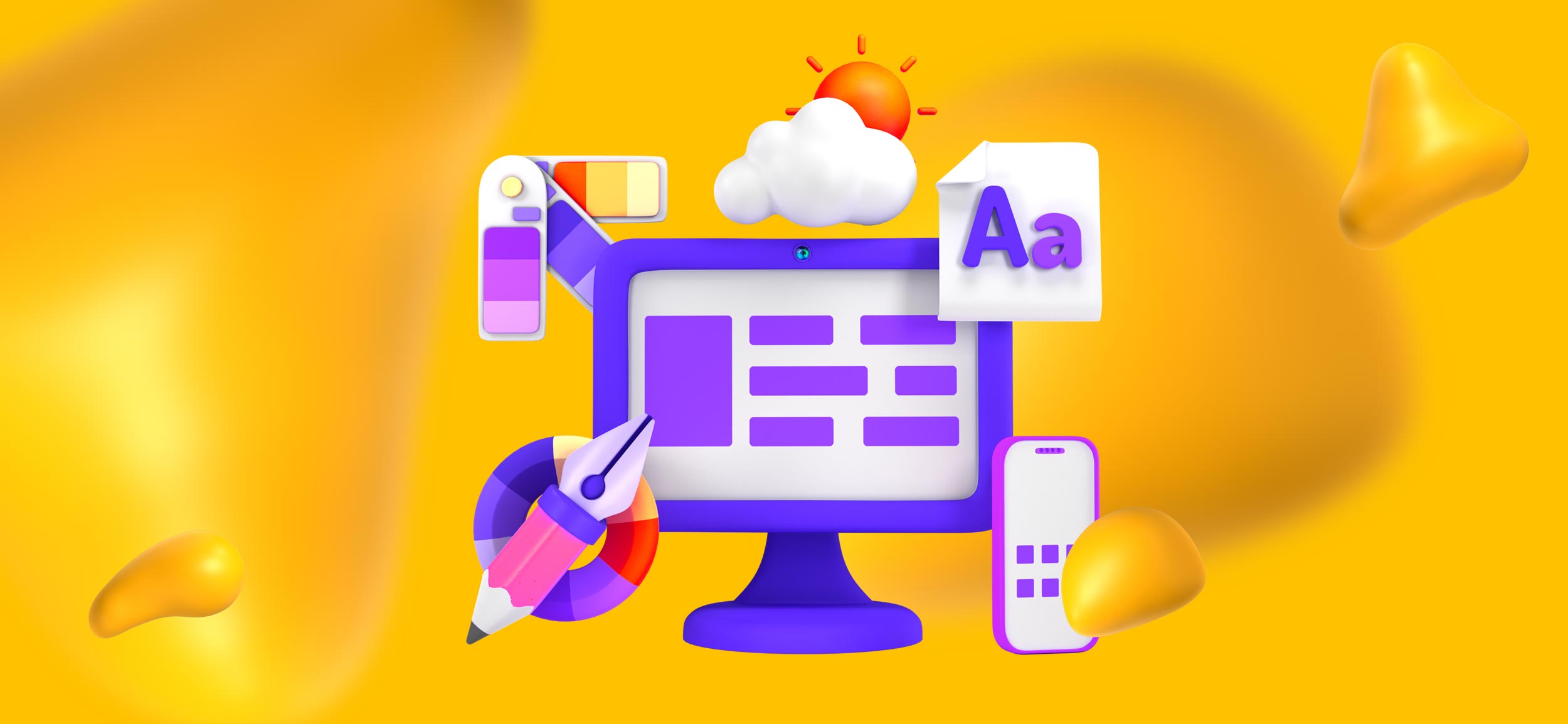 Elements of graphic design, including color palettes, a pen tool, a font sample, and a computer screen.