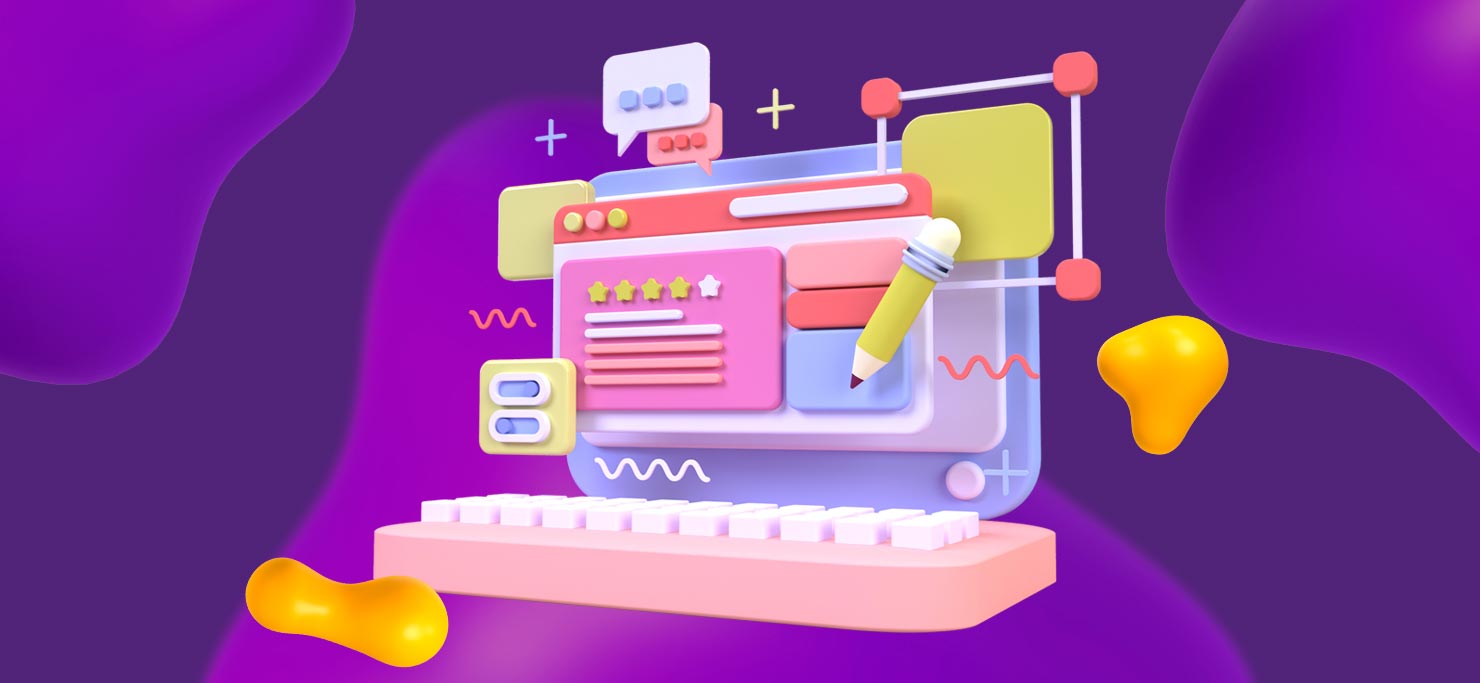 A desktop computer with floating elements of fintech graphic design, social media, and company reviews.