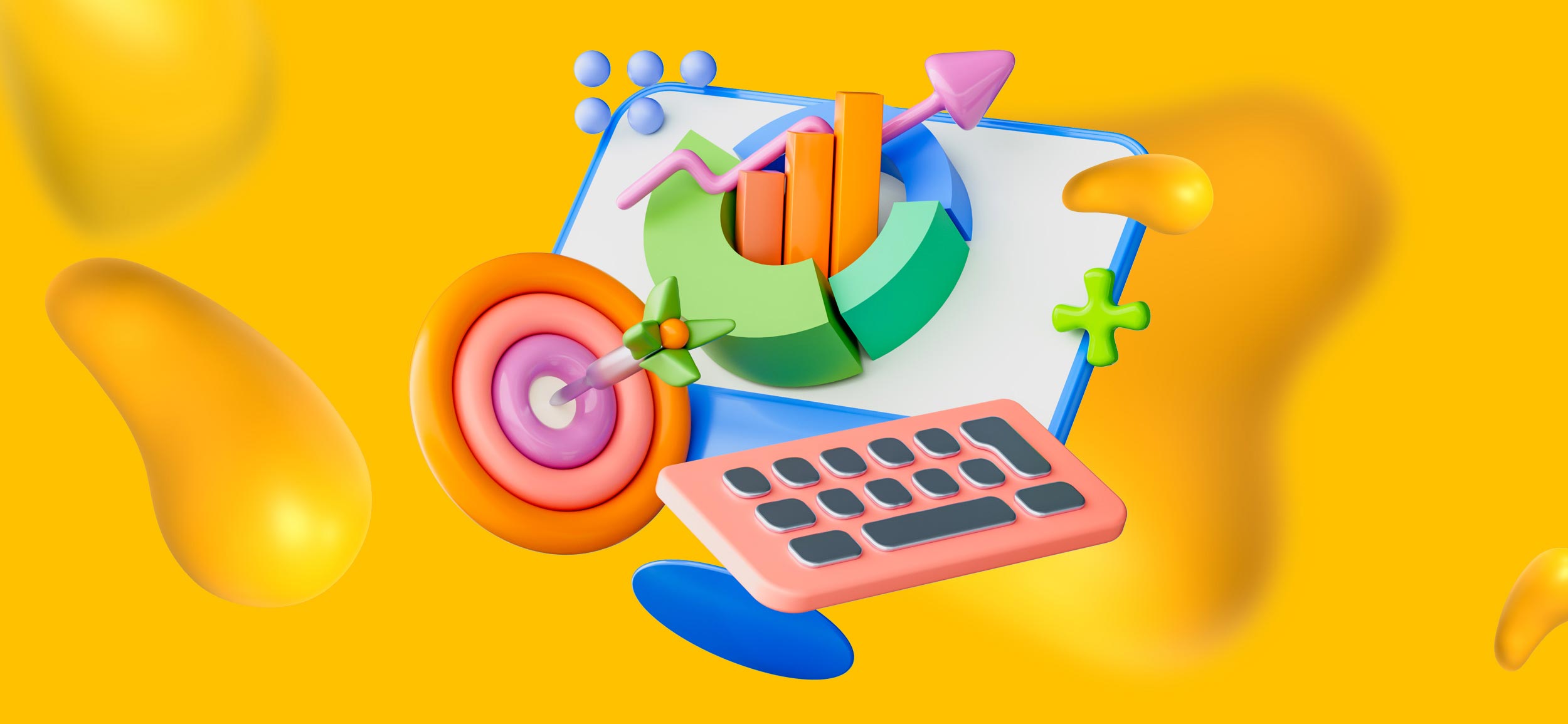 Planning tools for content strategy, such as a calculator, a computer screen, and a bullseye.