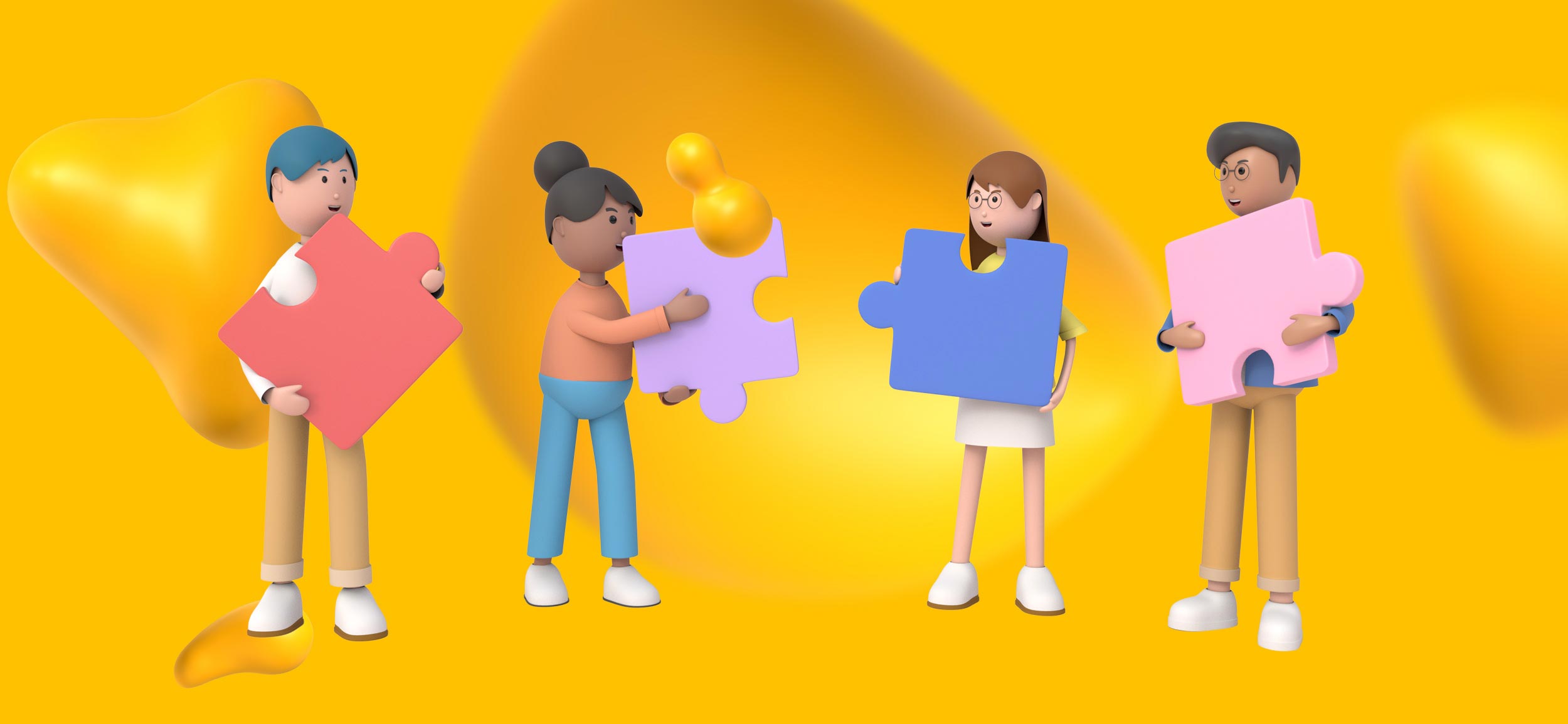 Four people building trust by working together to complete giant puzzle.