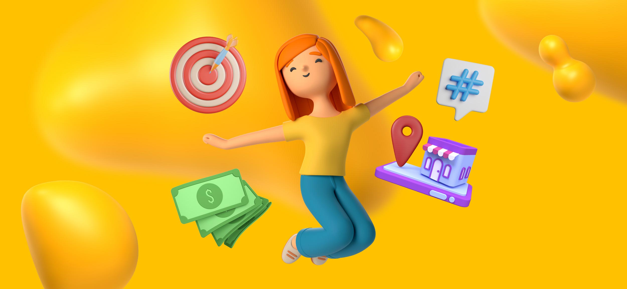 A marketer jumping for joy. Around her are a hashtag, a stack of money, a target with a dart in its bullseye, and a store with a location pin to its side. Hyperlocal marketing has worked!