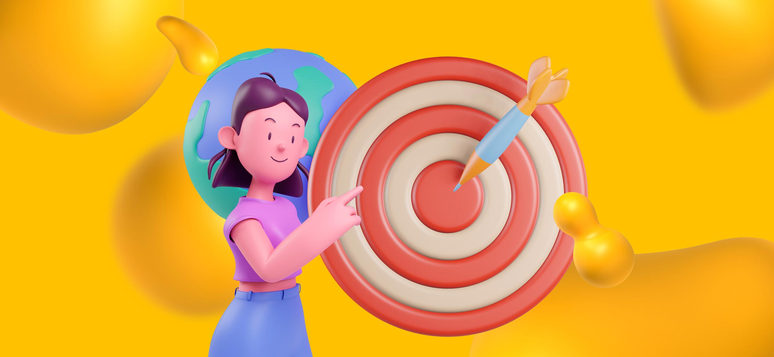 A woman stands in front of a globe with a large target, a dart in its bullseye, signifying hyperlocal marketing.