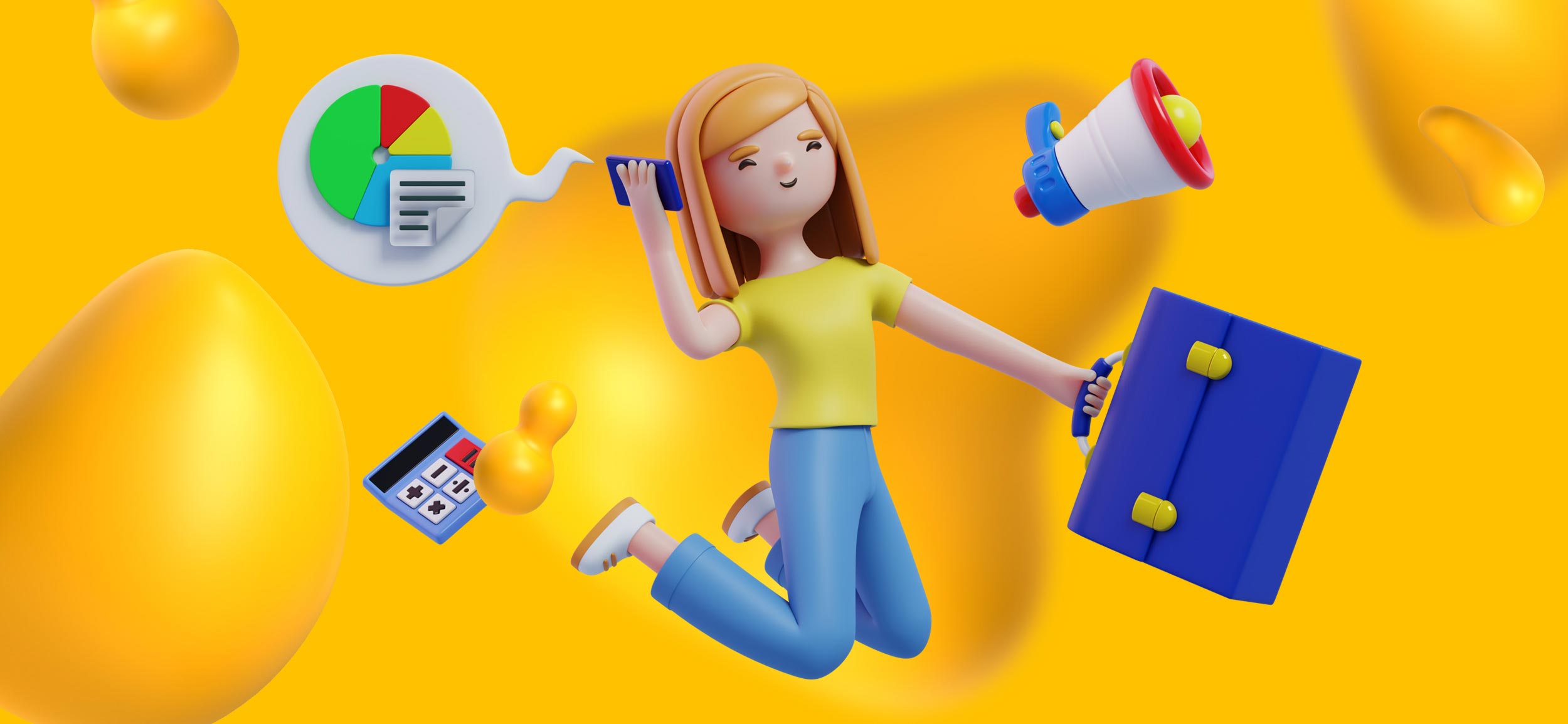 A FinTech product designer, surrounded by project management tools, like a megaphone, briefcase, graph, and calculator.