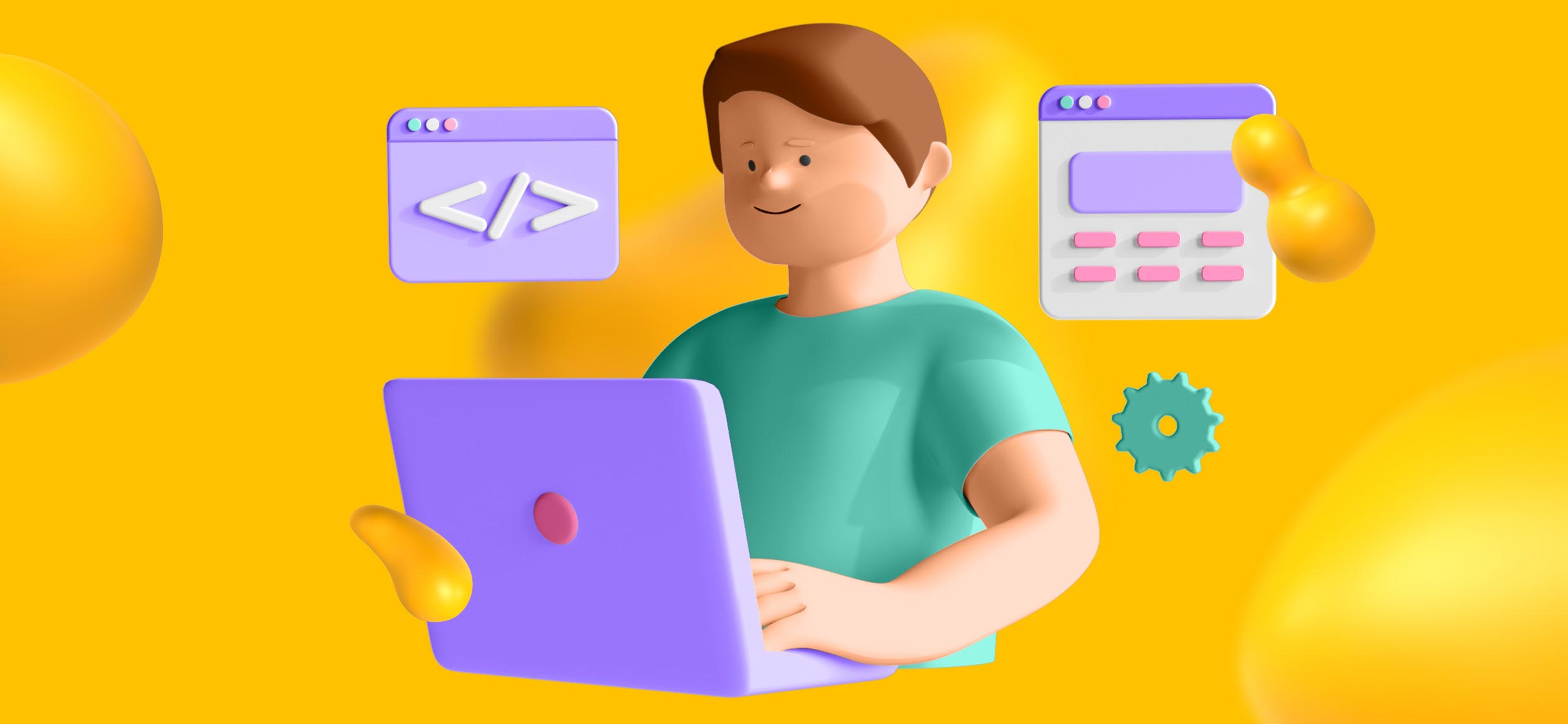 A man typing on a laptop and surrounded by elements of coding and web design.