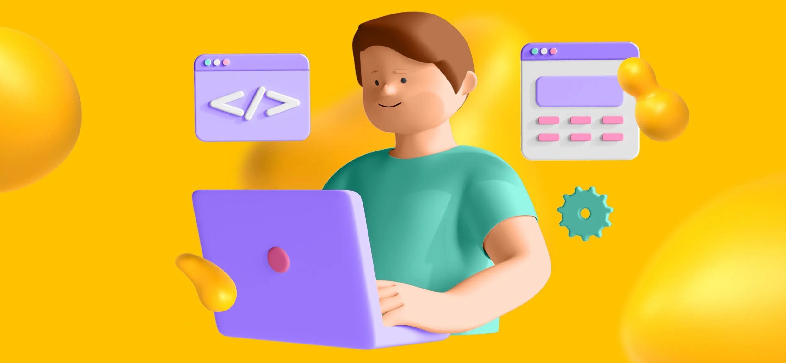 A man typing on a laptop and surrounded by elements of coding and web design.