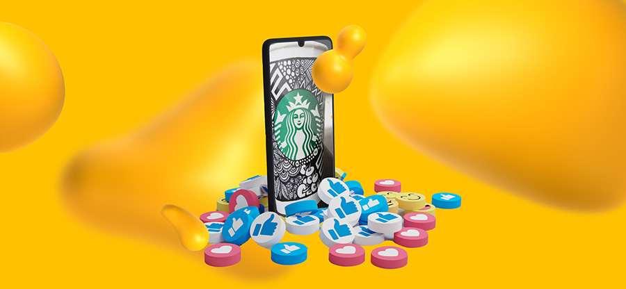 A smart phone featuring the Starbucks logo. It is surrounded by buttons with the Facebook like, share, smile emojis, and heart icons so often seen on social media.