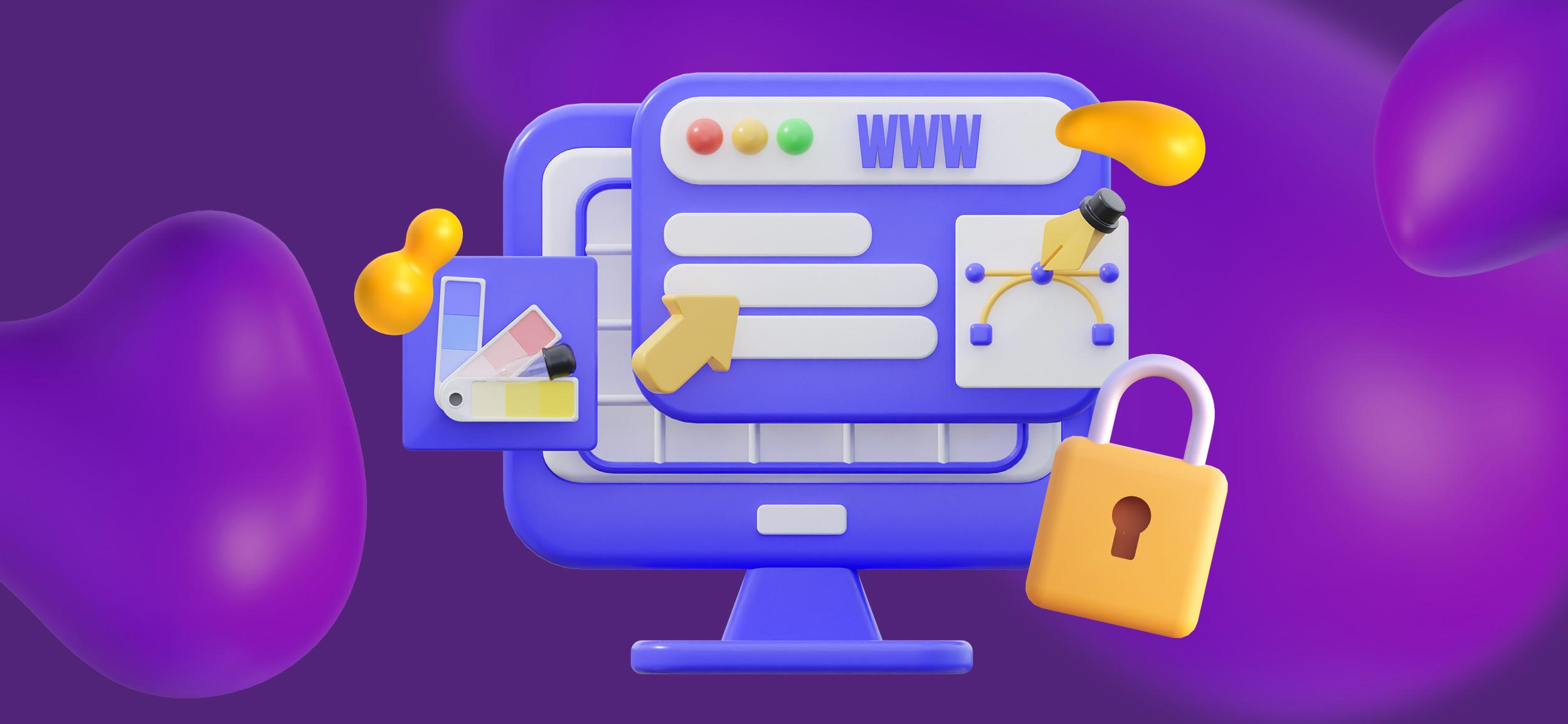 A computer screen showing elements of web design, like a pen tool, a color palette, and a lock for cybersecurity.