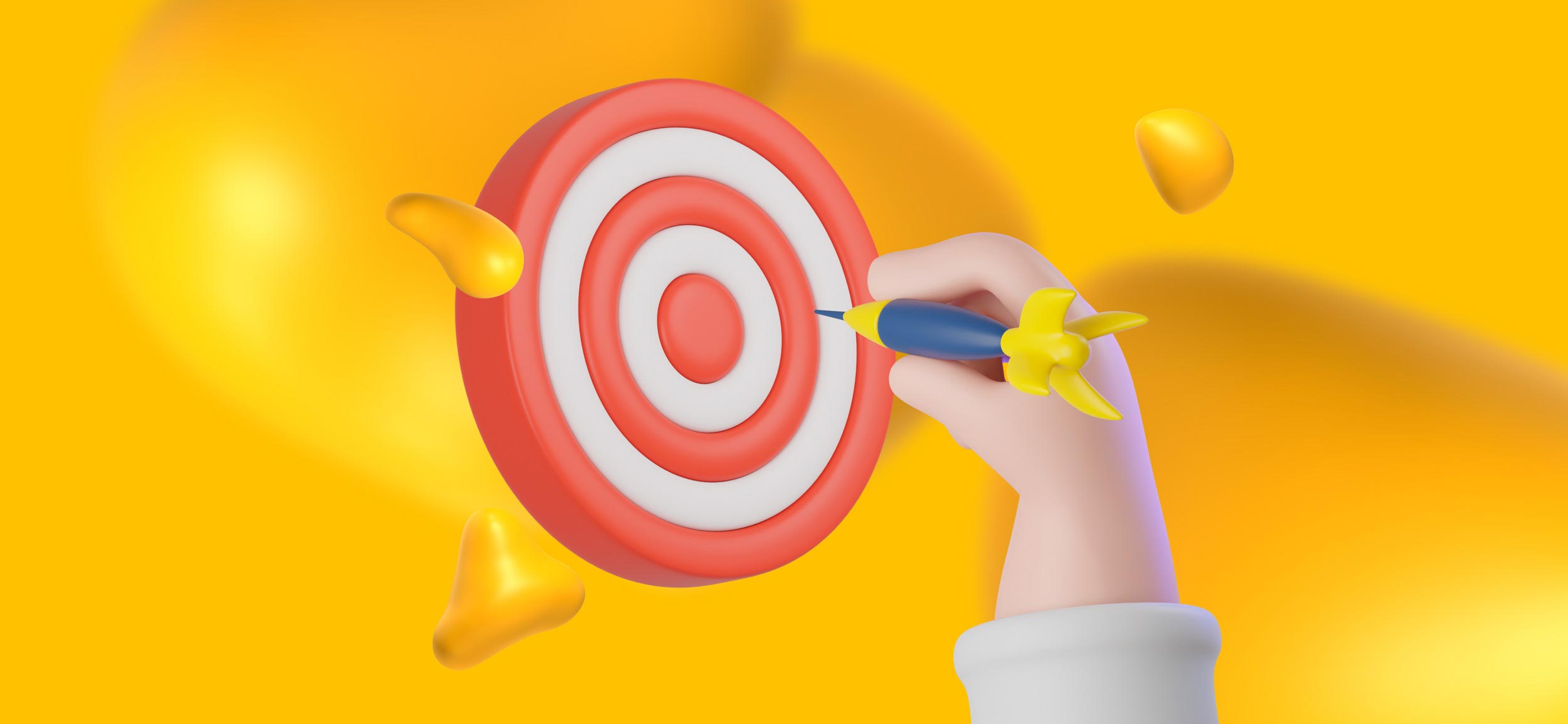 A floating target with a hand holding a dart, looking for a bullseye, trying to find the target audience.