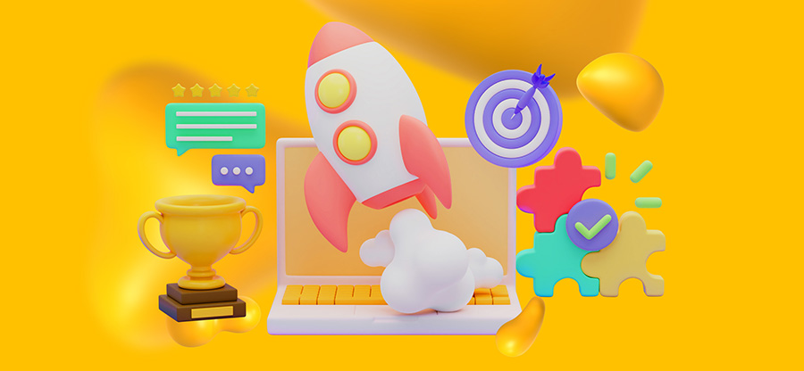 A computer with floating elements, such as a rocket, a trophy, a bullseye, and interconnecting pieces of a puzzle. Omnichannel ecommerce marketing is the winning solution.