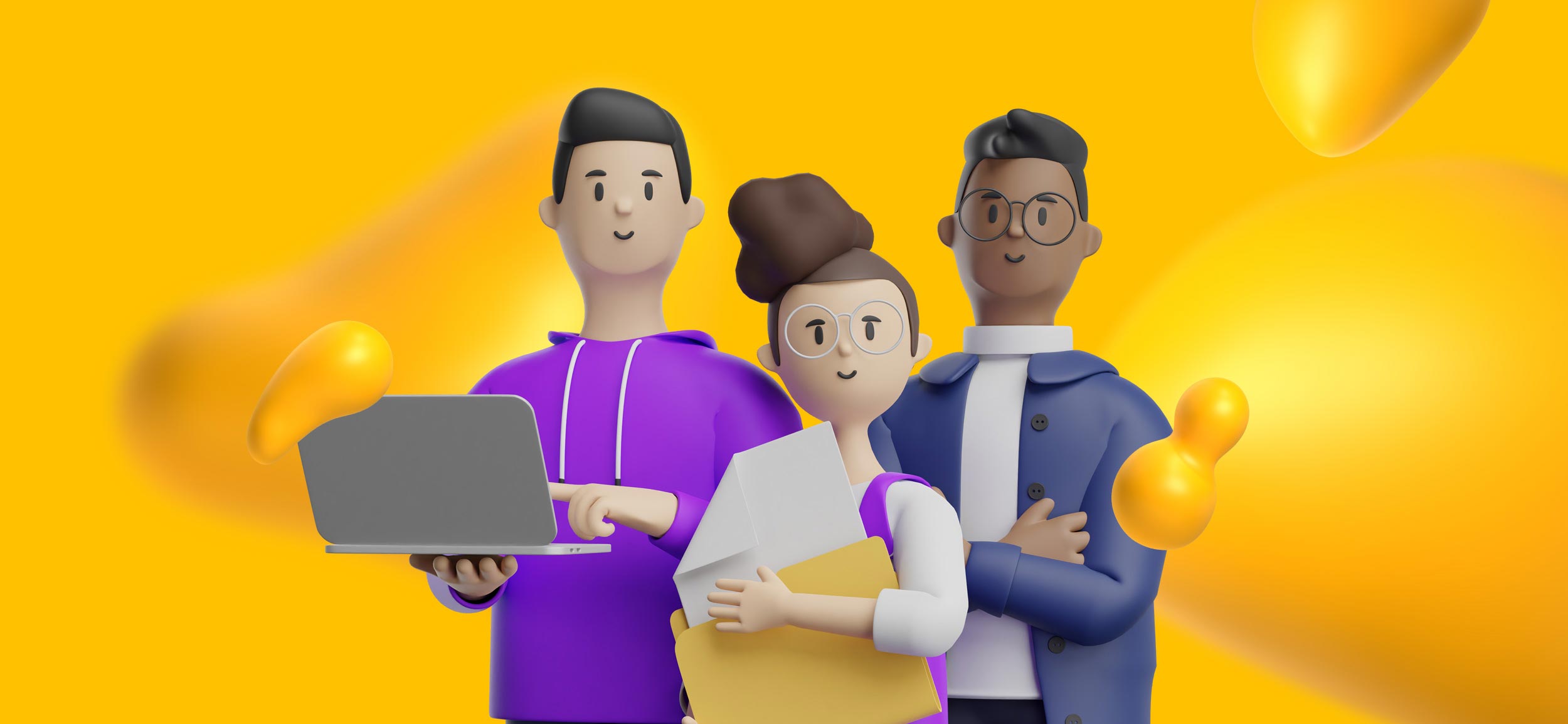 A digital marketing team of two men and a woman. They have been educated about cybersecurity and now know the basics.