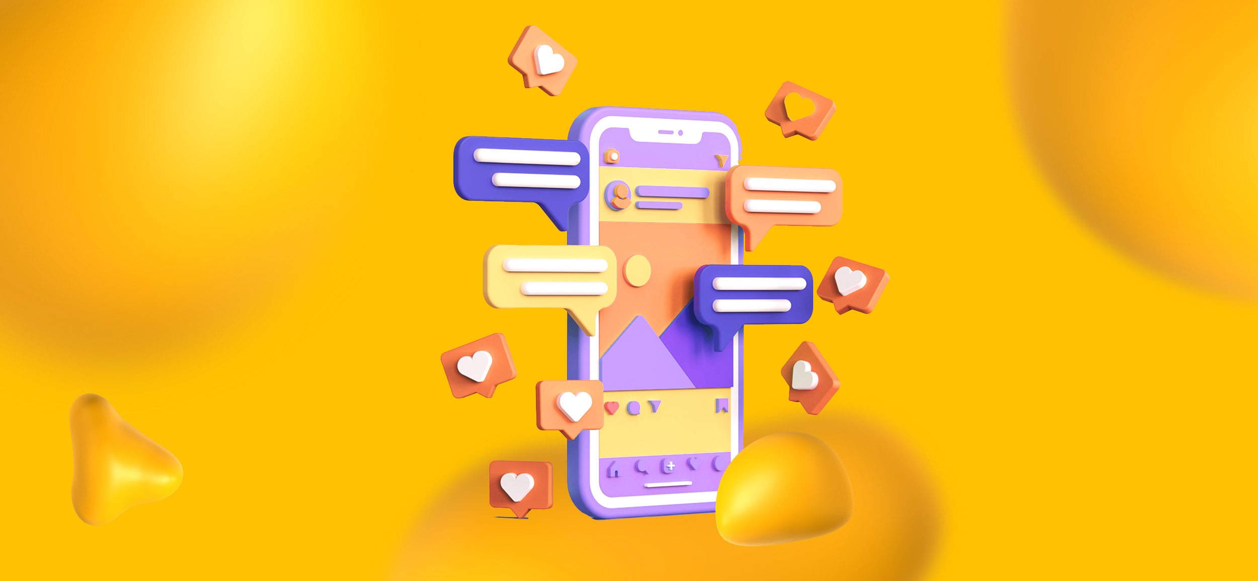 A smartphone screen with social media icons, like text bubbles and heart reactions.,