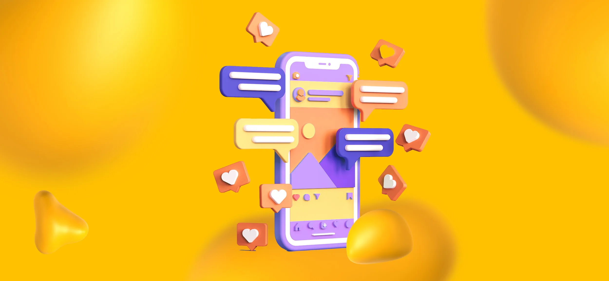 A smartphone screen with social media icons, like text bubbles and heart reactions.,