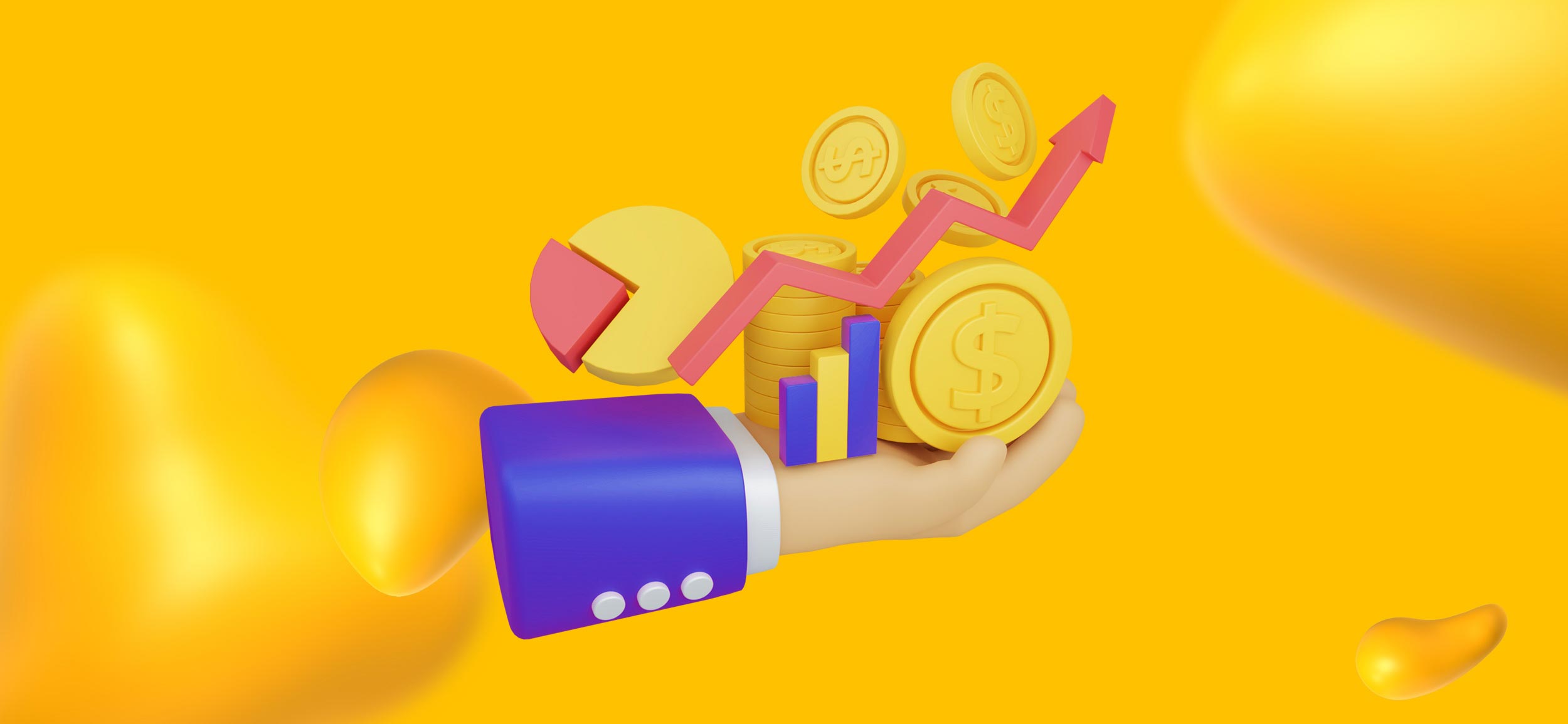 A hand holding coins, an arrow trending upward, and graphs, indicating the benefits of NFTs.