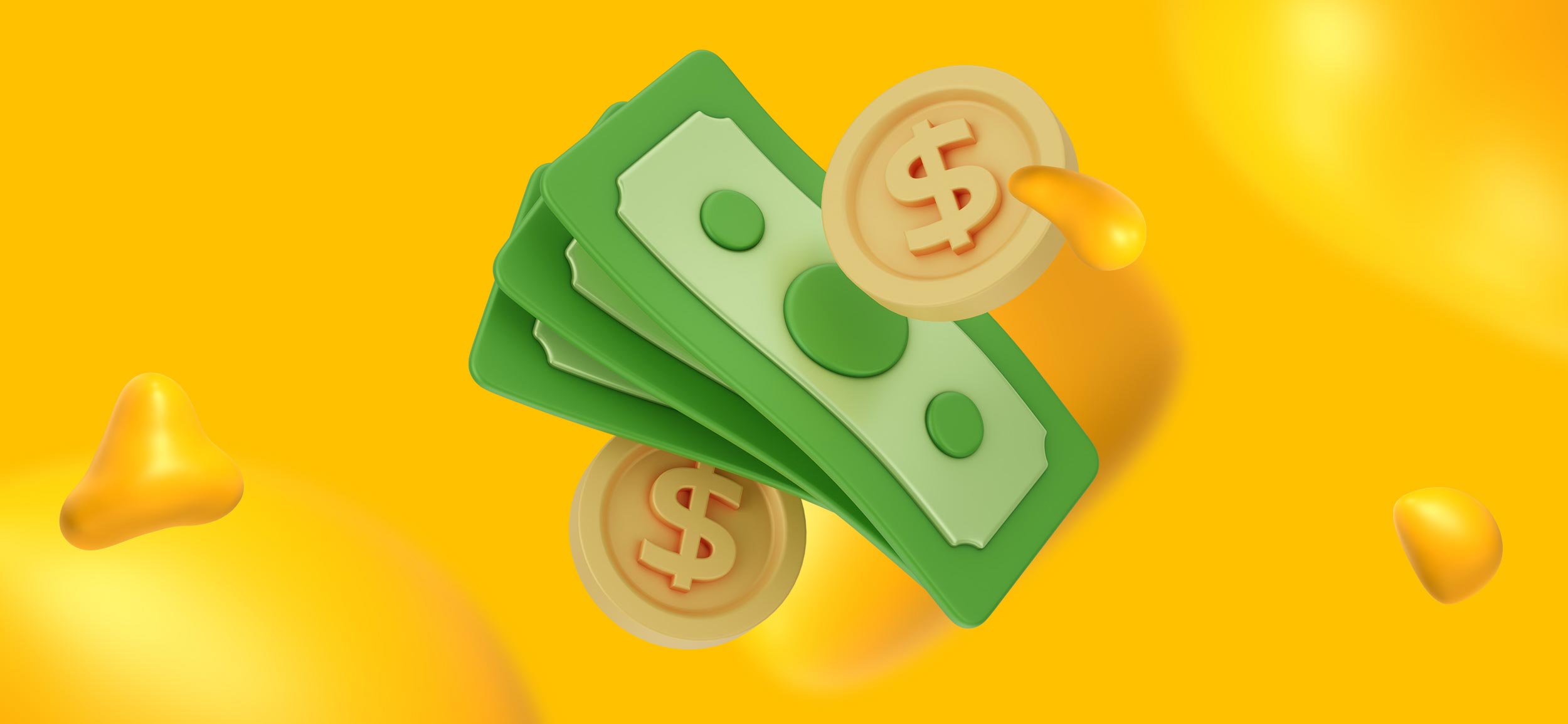 Floating bills and gold coins. Money is fungible, because coins and bills are interchangeable with others of the same value.