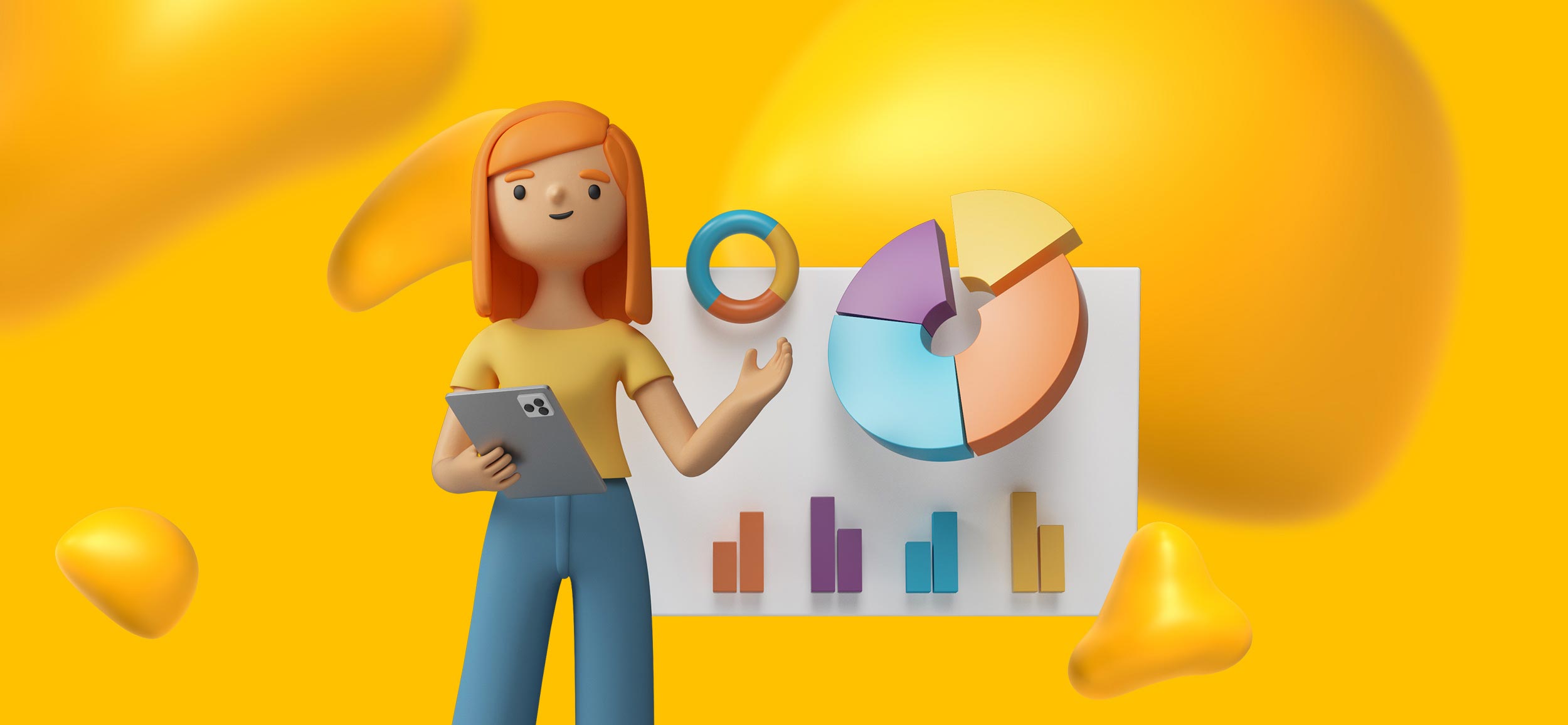 A woman with an iPad, presenting her own custom infographic template.