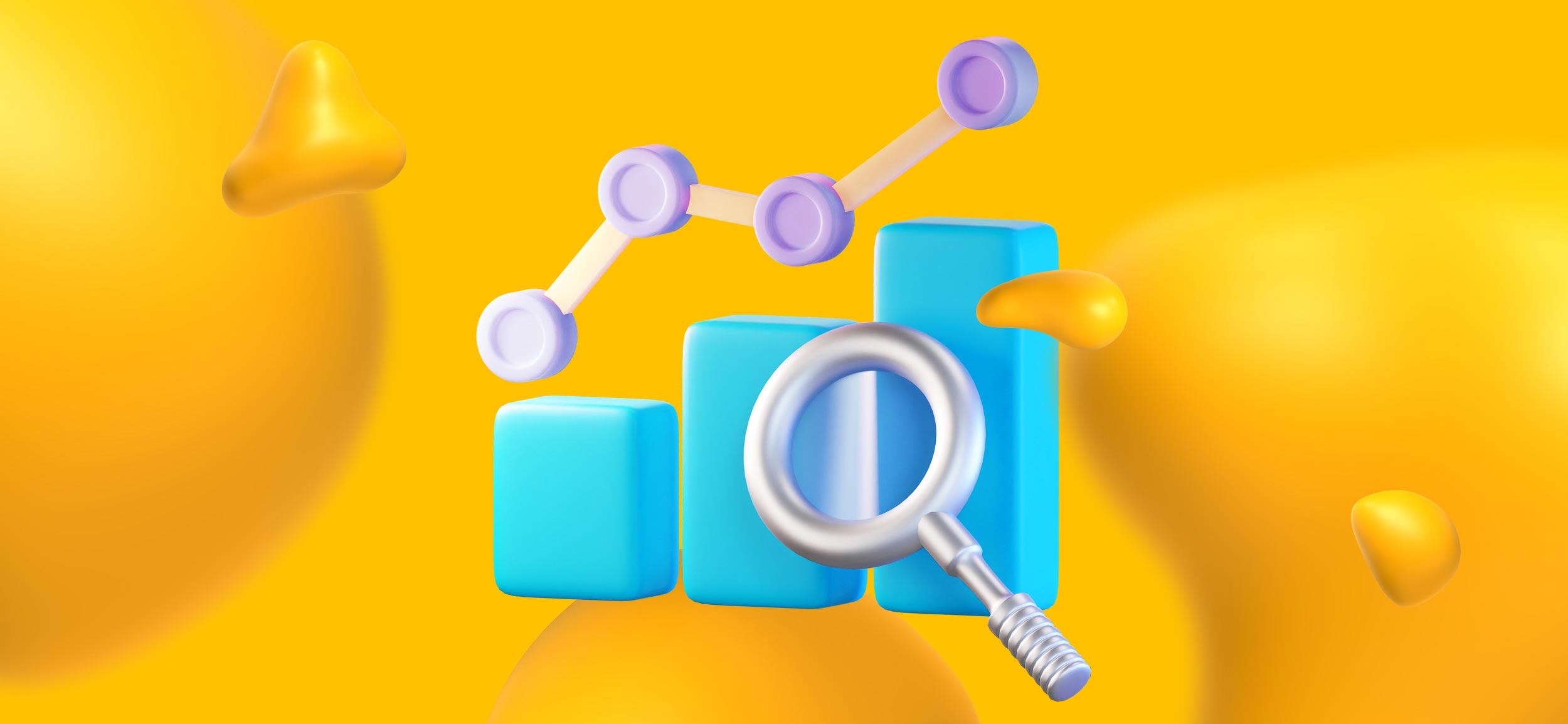 A floating graph line and magnifying glass, gathering data for a custom infographic.