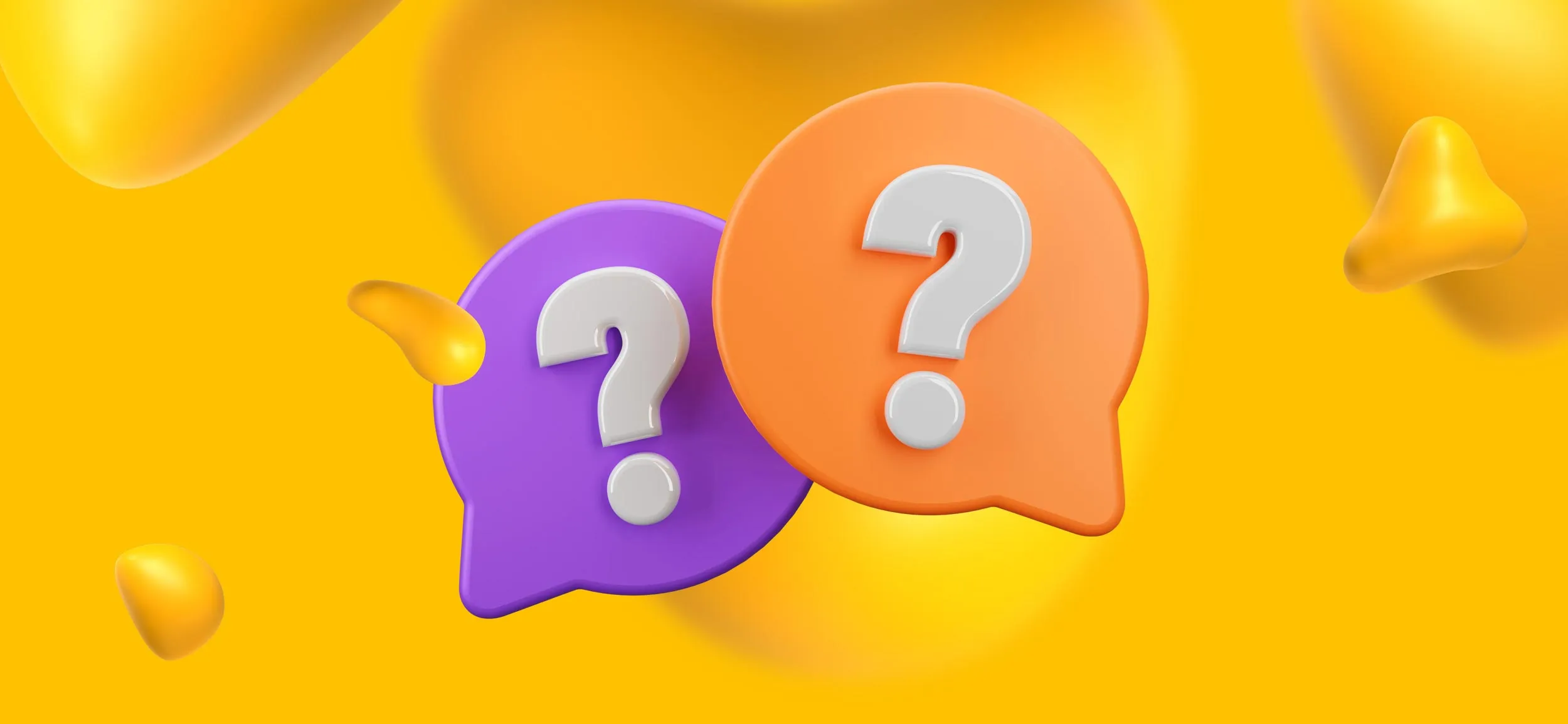 Floating question marks, one purple, one orange, for a few questions before we start talking about your business card design.